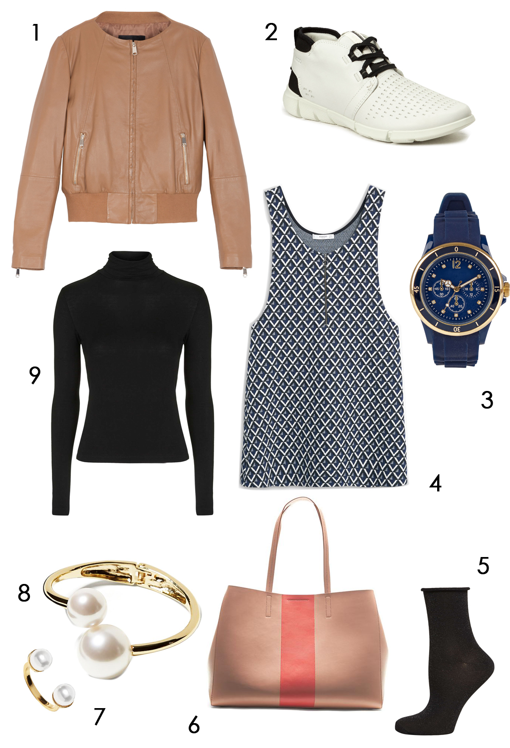 CÁCH PHỐI 2: 1.Áo khoác Max & Co - 2.Giày Ecco - 3.Đồng hồ Marks & Spencer - 4.Đầm Mango - 5.Vớ kim tuyết Dorothy Perkins - 6.Túi tote Banana Republic - 7,8.Nhẫn và vòng tay Banana Republic - 9.Áo Topshop