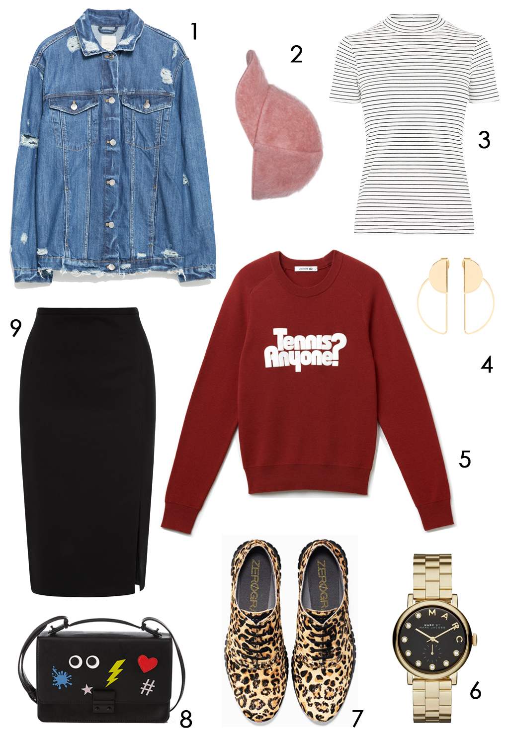 CÁCH PHỐI 3: 1.Áo khoác denim Zara - 2.Nón Max & Co - 3.Áo Warehouse - 4.Hoa tai Accessorize - 5.Áo Lacoste - 6.Đồng hồ Marc Jacobs - 7.Giày Cole Hann -8.Túi xách Max & Spencer - 9.Váy Oasis