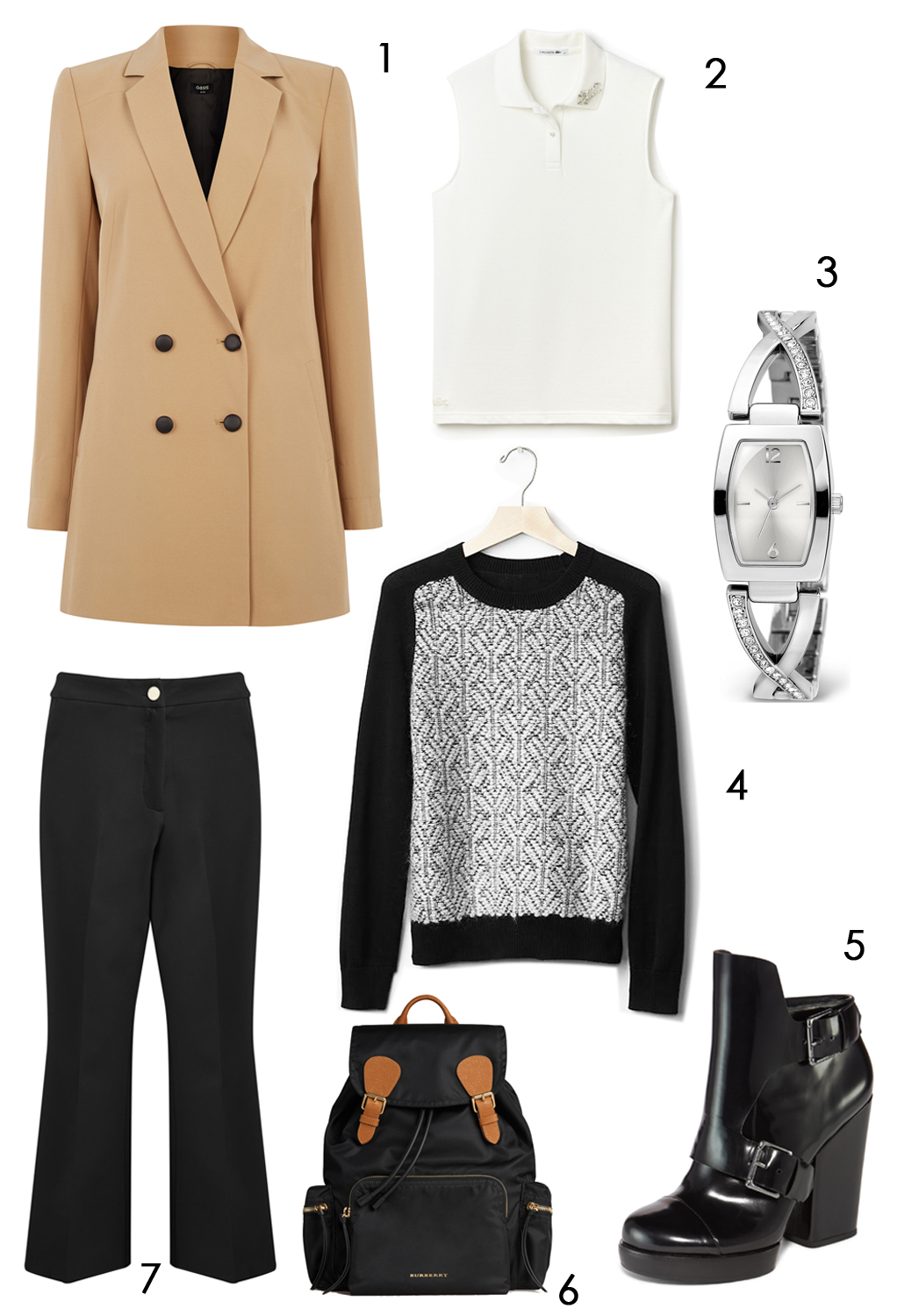CÁCH PHỐI 5: 1.Áo khoác Oasis - 2.Áo polo không tay Lacoste - 3.Đồng hồ Marks & Spencer - 4.Áo sweater GAP - 5.Giày DKNY - 6.Ba lô Burberry - 7.Quần Miss Selfridge