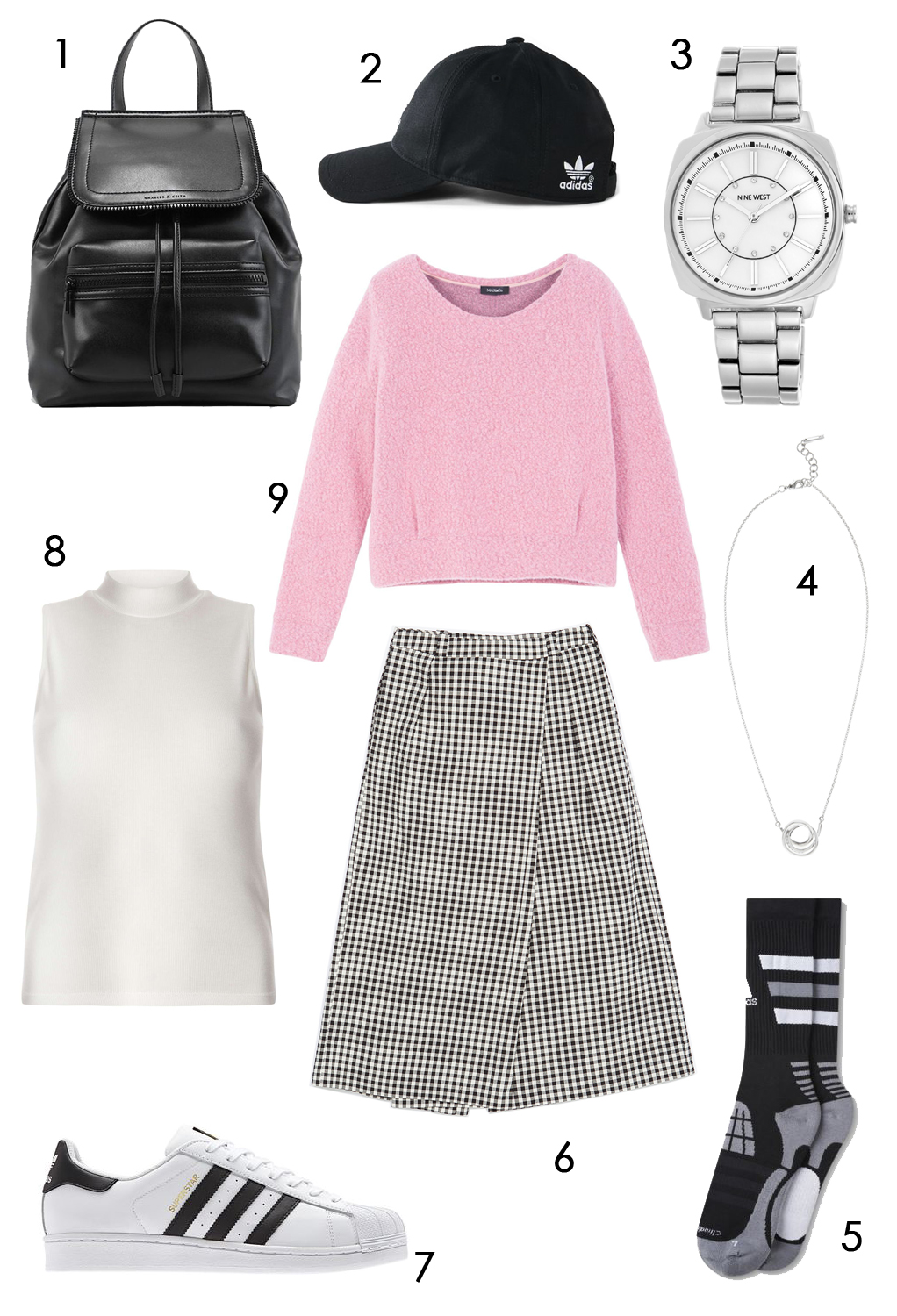 CÁCH PHỐI 6: 1.Ba lô Charles & Keith - 2.Nón Adidas - 3.Đồng hồ Nine West - 4.Dây chuyền Karen Millen - 5.Vớ Adidas - 6.Skort Zara - 7.Giày Adidas - 8.Áo cổ lọ Dorothy Perkins - 9.Áo sweatshirt Max & Co