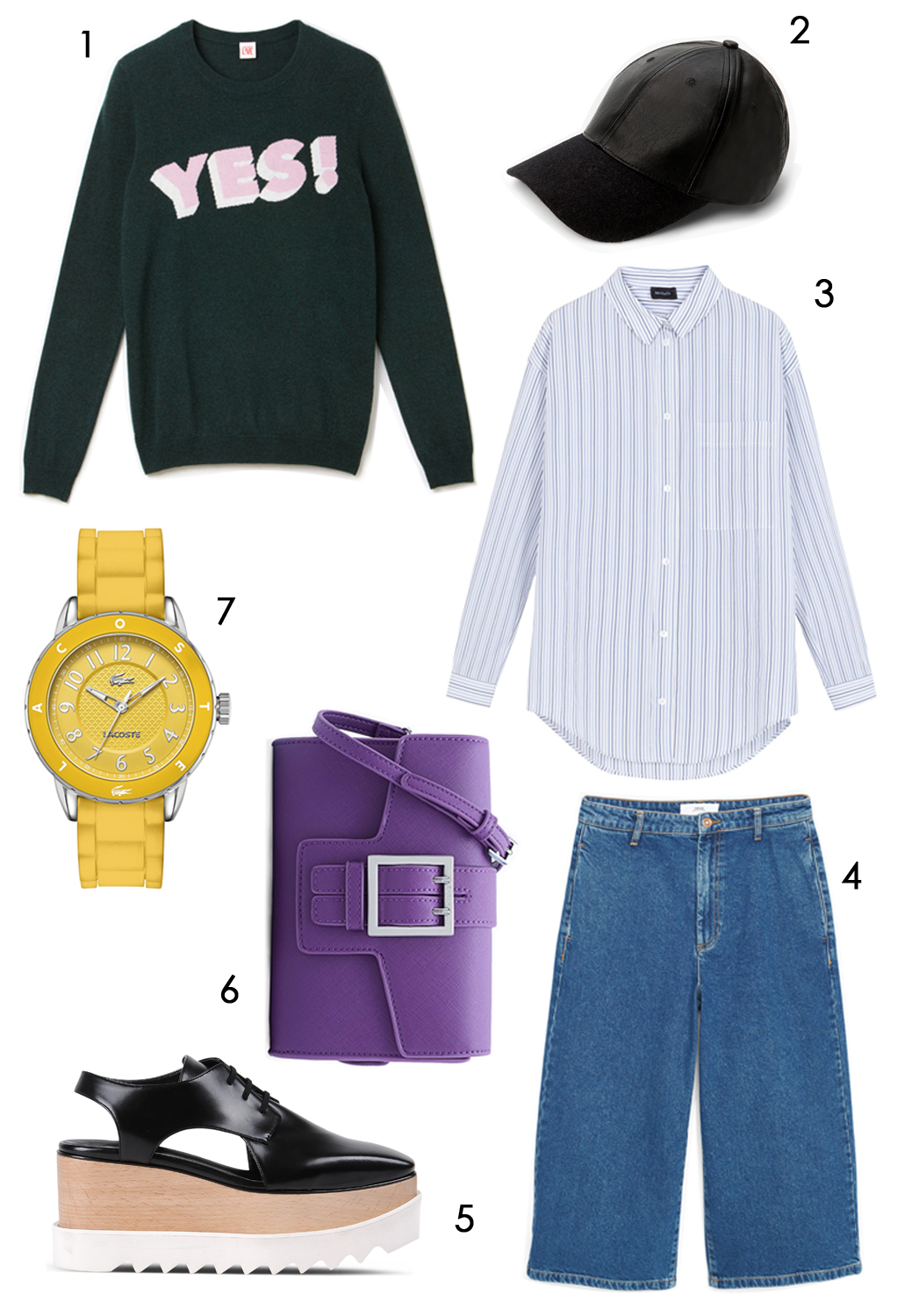CÁCH PHỐI 3: 1.Áo sweater Lacoste - 2.Nón Mango - 3.Áo sơ mi Max & Co - 4.Quần jeans Mango - 5.Giày Stella McCartney - 6.úi xách Pedro - 7.Đồng hồ Lacoste