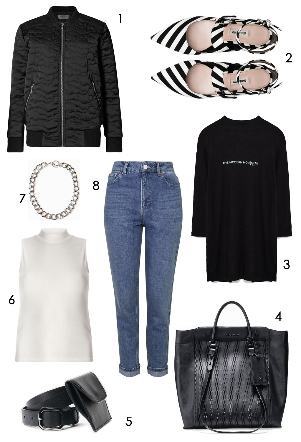 CÁCH PHỐI 5: 1.Áo khoác Marks & Spencer - 2.Giày Miu Miu - 3.Áo Zara - 4.Túi xách Cole Hann - 5.Thắt lưng Max & Co - 6.Áo Dorothy Perkins - 7.Dây chuyền Mango - 8.Quần jeans Topshop