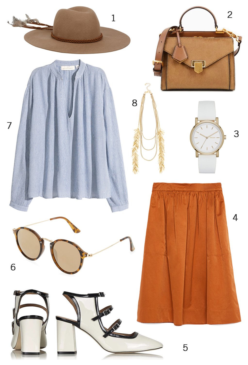 CÁCH PHỐI 1: 1. Nón Aldo - 2. Túi xách Charles & Keith - 3. Đồng hồ DKNY - 4. Váy midi Zara - 5. Giày Topshop - 6. Mắt kính Accessorize - 7. Áo blouse H&M - 8. Dây chuyền Coast