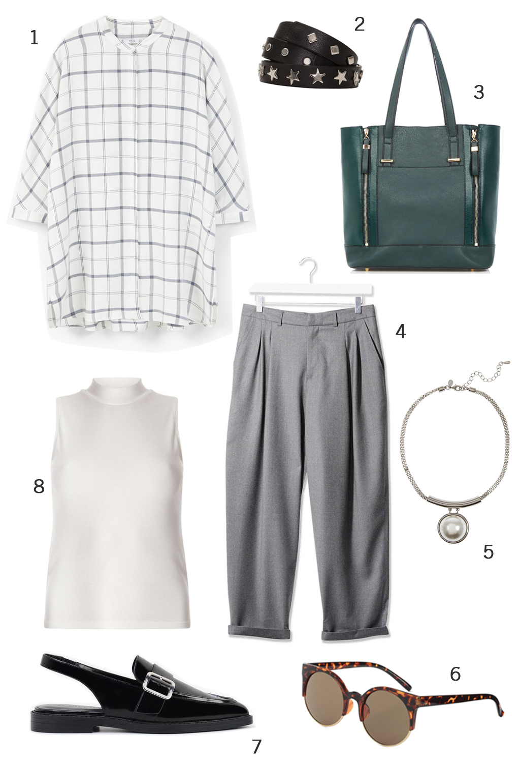 CÁCH PHỐI 3: 1. Áo sơ mi Mango - 2. Thắt lưng Max & Co - 3. Túi xách Oasis - 4. quần Topshop - 5. Dây chuyền Marks & Spencer - 6. Mắt kính H&M - 7. Slip-on Charles & Keith - 8. Áo Dorothy Perkins