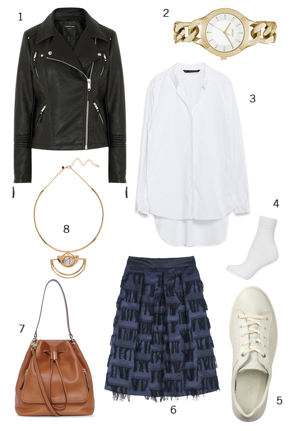 CÁCH PHỐI 4: 1. Áo khoác Warehouse - 2. Đồng hồ DKNY - 3. Áo sơ mi Zara - 4. Vớ Topshop - 5. Giày Ecco - 6. Váy Max & Co - 7. Túi xách Karen Millen - 8. Vòng cổ Marks & Spencer