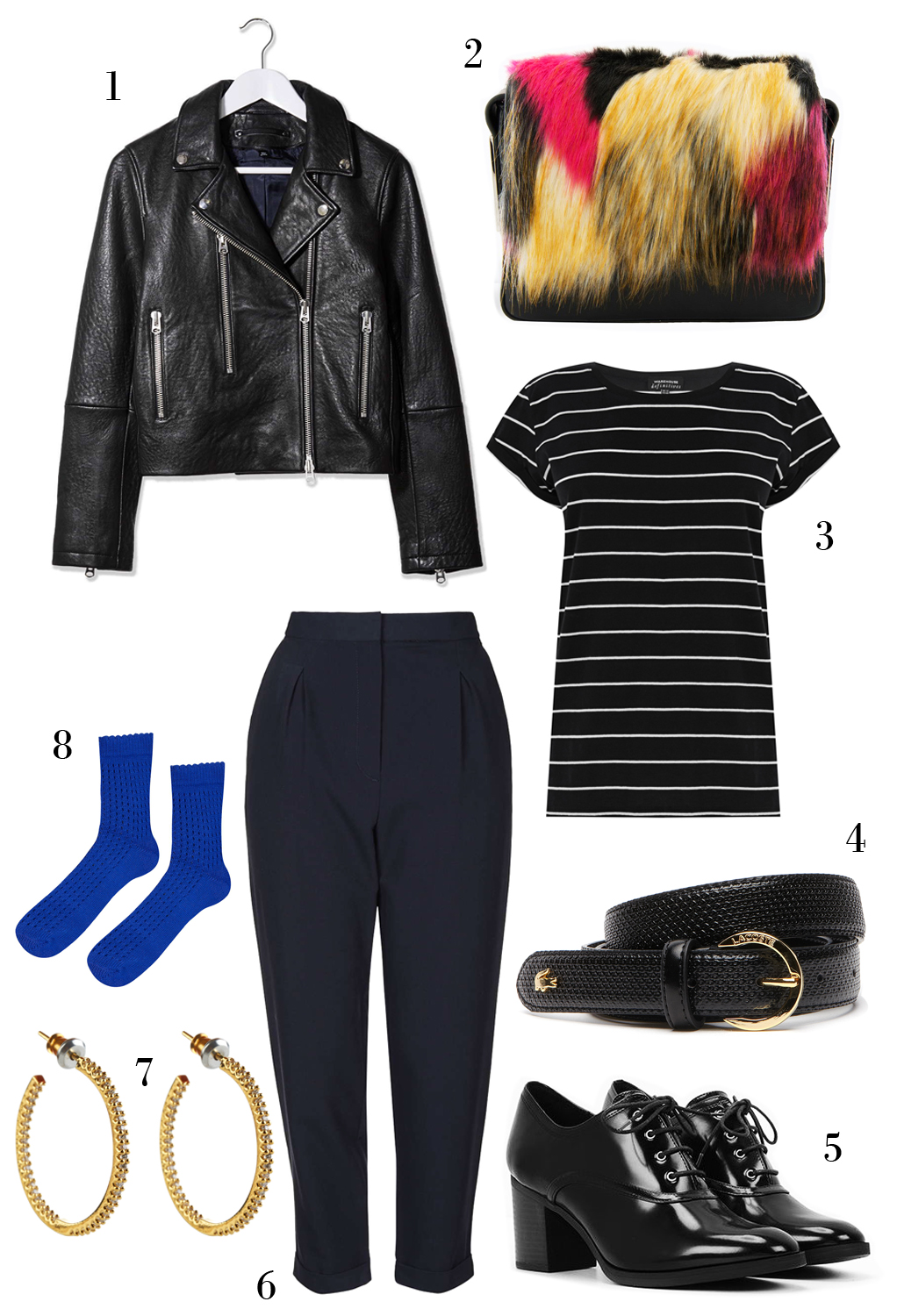 CÁCH PHỐI 3: 1. Áo khoác Topshop - 2. Túi xách Pedro - 3. Áo thun kẻ sọc Warehouse - 4. Thắt lưng Lacoste - 5. Giày Charles & Keith - 6. Quần Topshop - 7. Hoa tai Accessorize - 8. Vớ Topshop