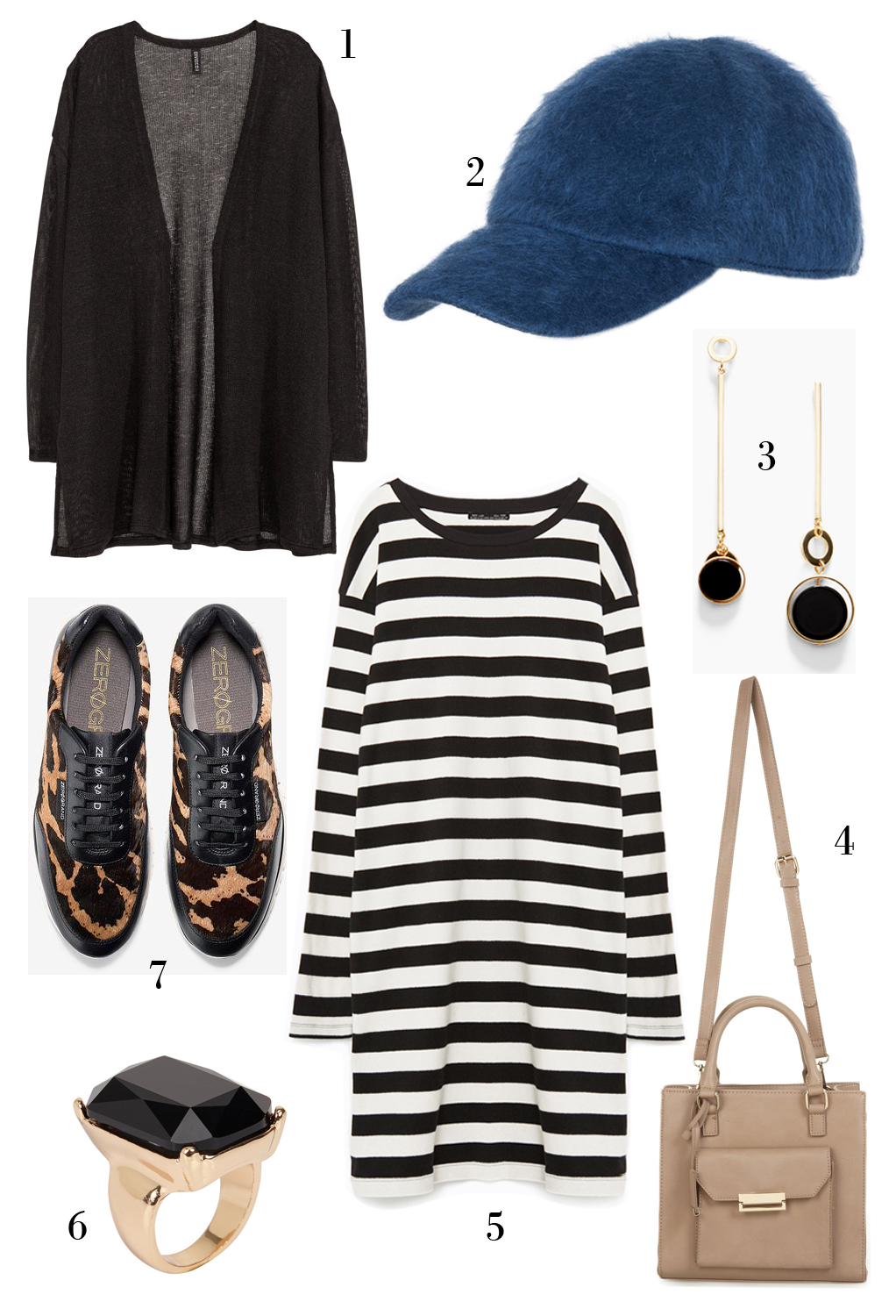 CÁCH PHỐI 6: 1. Cardigan H&M - 2. Nón Max & Co - 3. Hoa tai Mango - 4. Túi xách Miss Selfridge - 5. Áo sweatshirt dáng dài Zara - 6. Nhẫn Aldo - 7. Giày Cole Hann