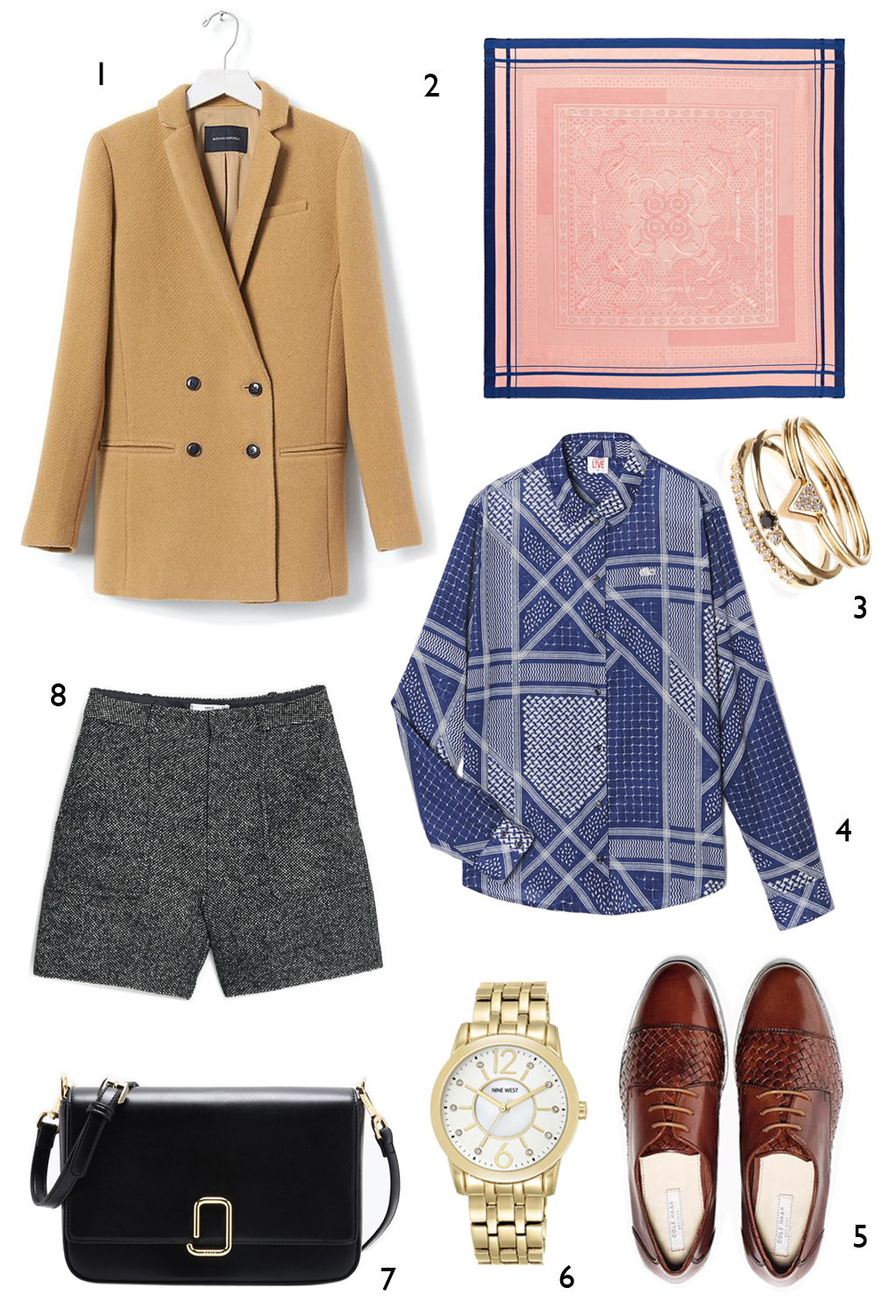 CÁCH PHỐI 1: 1. Blazer Banana Republic - 2. Khăn Hèrmes Eperon d'Or - 3. Nhẫn Accessorize - 4. Áo sơ mi Lacoste - 5. Giày Cole Hann - 6. Đồng hồ Nine West - 7. Túi Pedro - 8. Quần shorts Mango