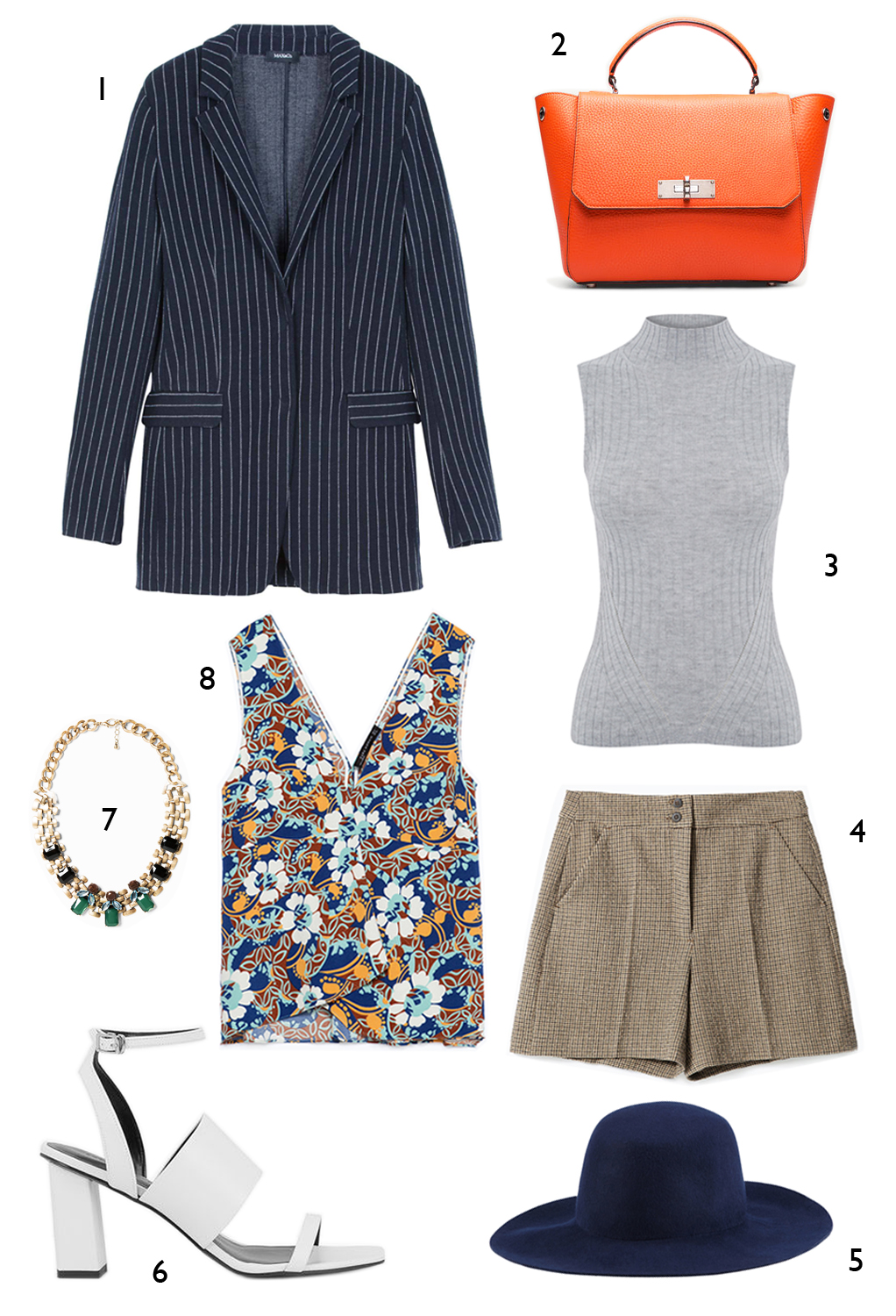 CÁCH PHỐI 2: 1. Blazer Max & Co - 2. Túi Bally - 3. Áo Warehouse - 4. Quần shorts Zara - 5. Nón Aldo - 6. Giày Charles & Keith - 7. Vòng cổ Mango - 8. Áo Zara