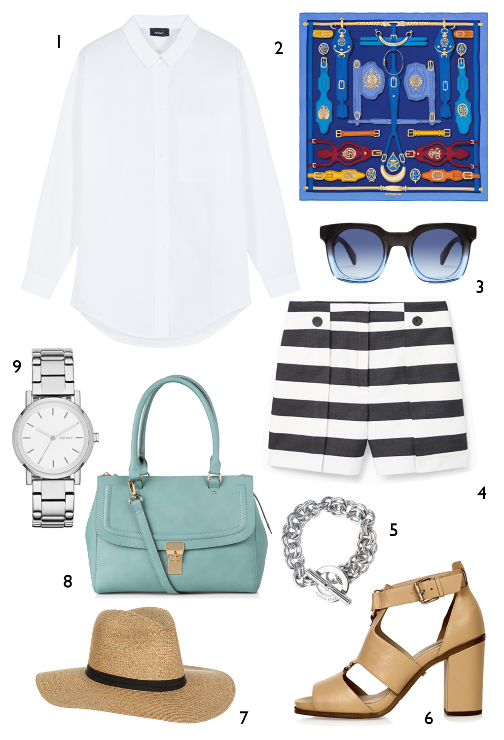 CÁCH PHỐI 3: 1. Áo sơ mi Max & Co - 2. Khăn Harnais des Presidents Hèrmes - 3. Mắt kính Marc Jacobs - 4. Quần shorts Mango - 5. Vòng tay Karen Millen - 6. Giày Topshop - 7. Nón Accessorize - 8. Túi Accessorize - 9. Đồng hồ DKNY