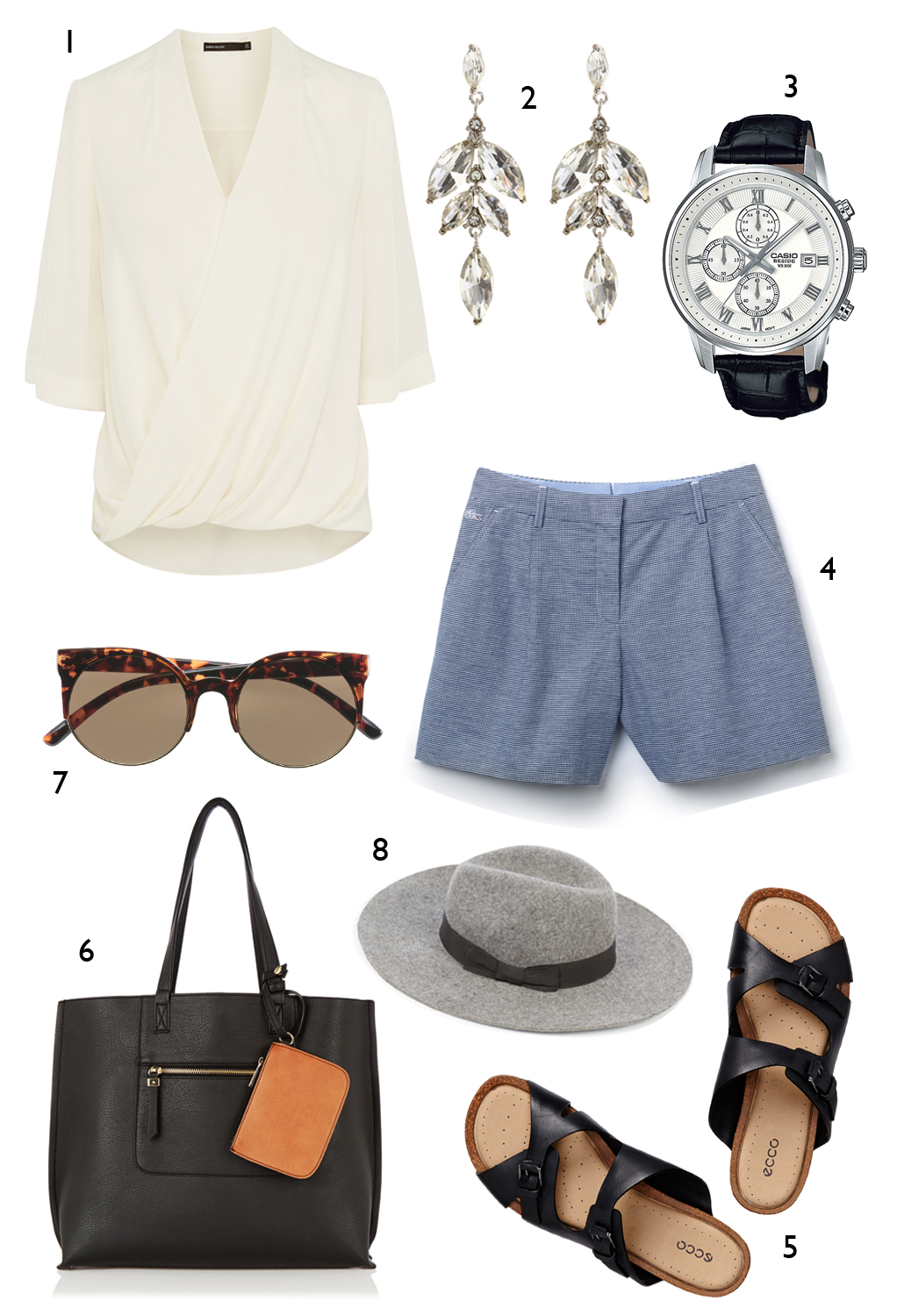 CÁCH PHỐI 4: 1. Áo Karen Millen - 2. Hoa tai Coast - 3. Đồng hồ Casio - 4. Quần shorts Lacoste - 5. Dép Ecco - 6. Túi Oasis - 7. Mắt kính H&M - 8. Nón Oasis