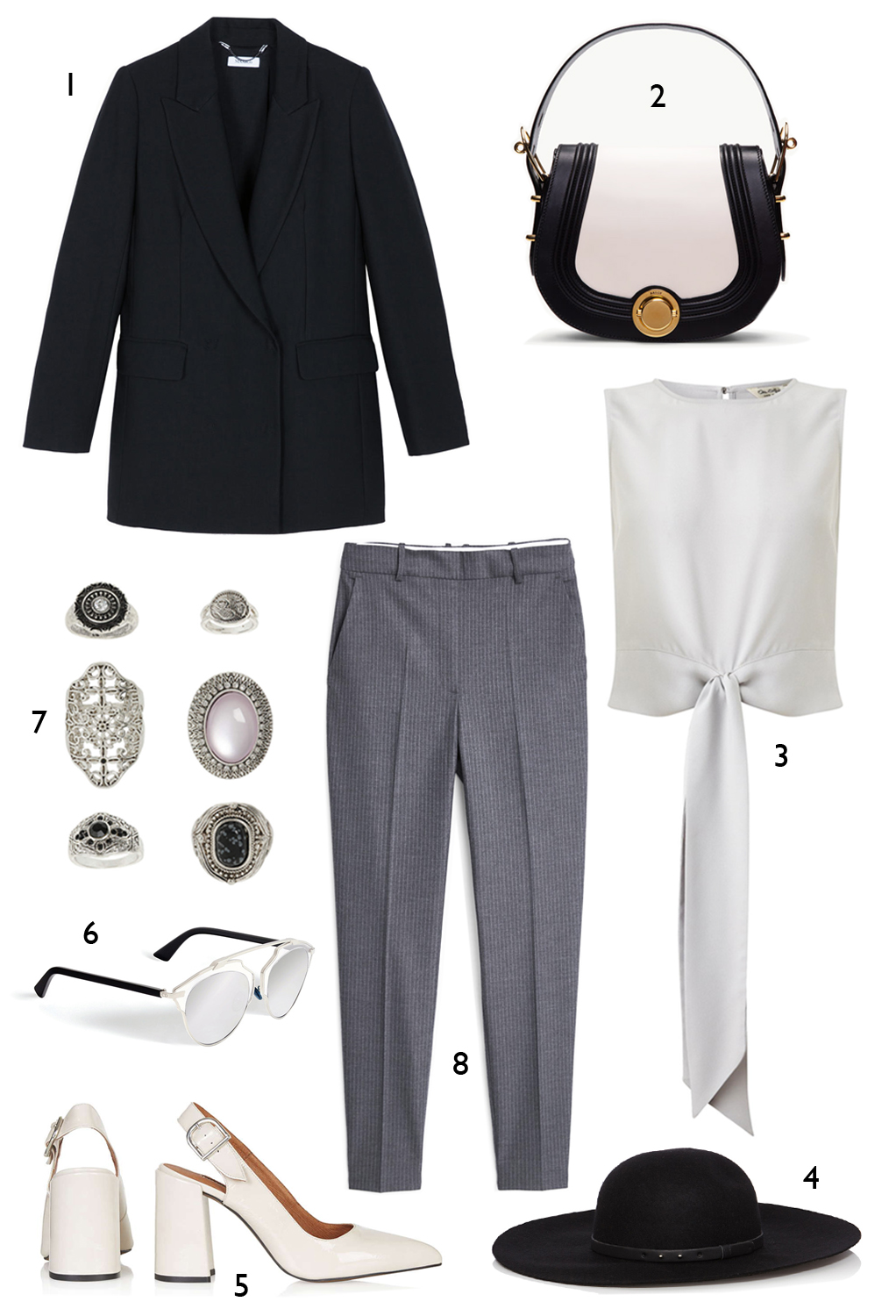 CÁCH PHỐI 1: 1. Áo blazer Max & Co - 2. Túi Bally - 3. Áo Miss Selfridge - 4. Nón Karen Millen - 5. Giày Topshop - 6. Kính Dior So Real - 7. Set nhẫn Topshop - 8. Quần Mango