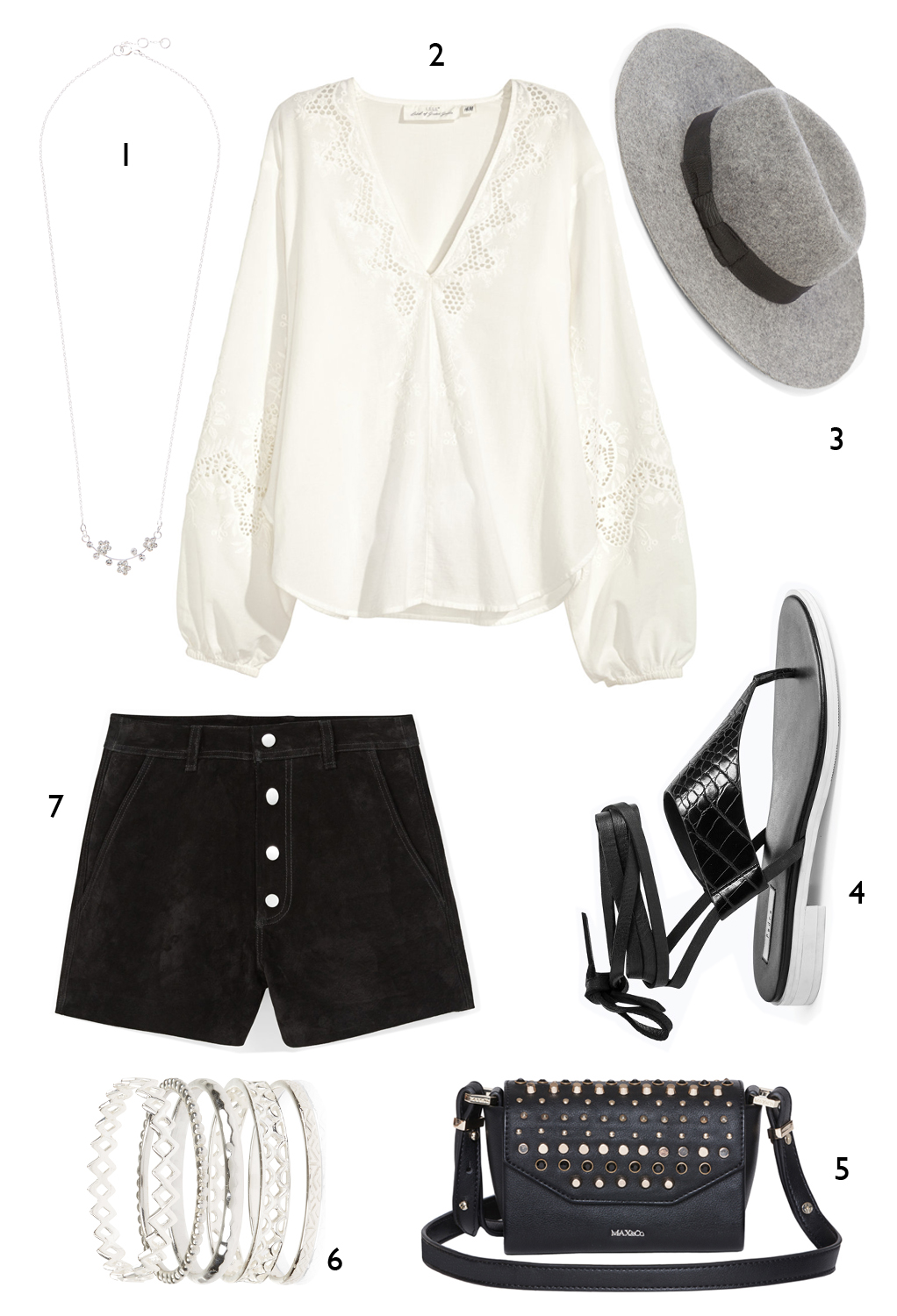 CÁCH PHỐI 5: 1. Dây chuyền Accessorize - 2. Áo blouse H&M - 3. Nón Oasis - 4. Sandals Pedro - 5. Túi Max & Co - 6. Set nhẫn Accessorize - 7. Quần Mango