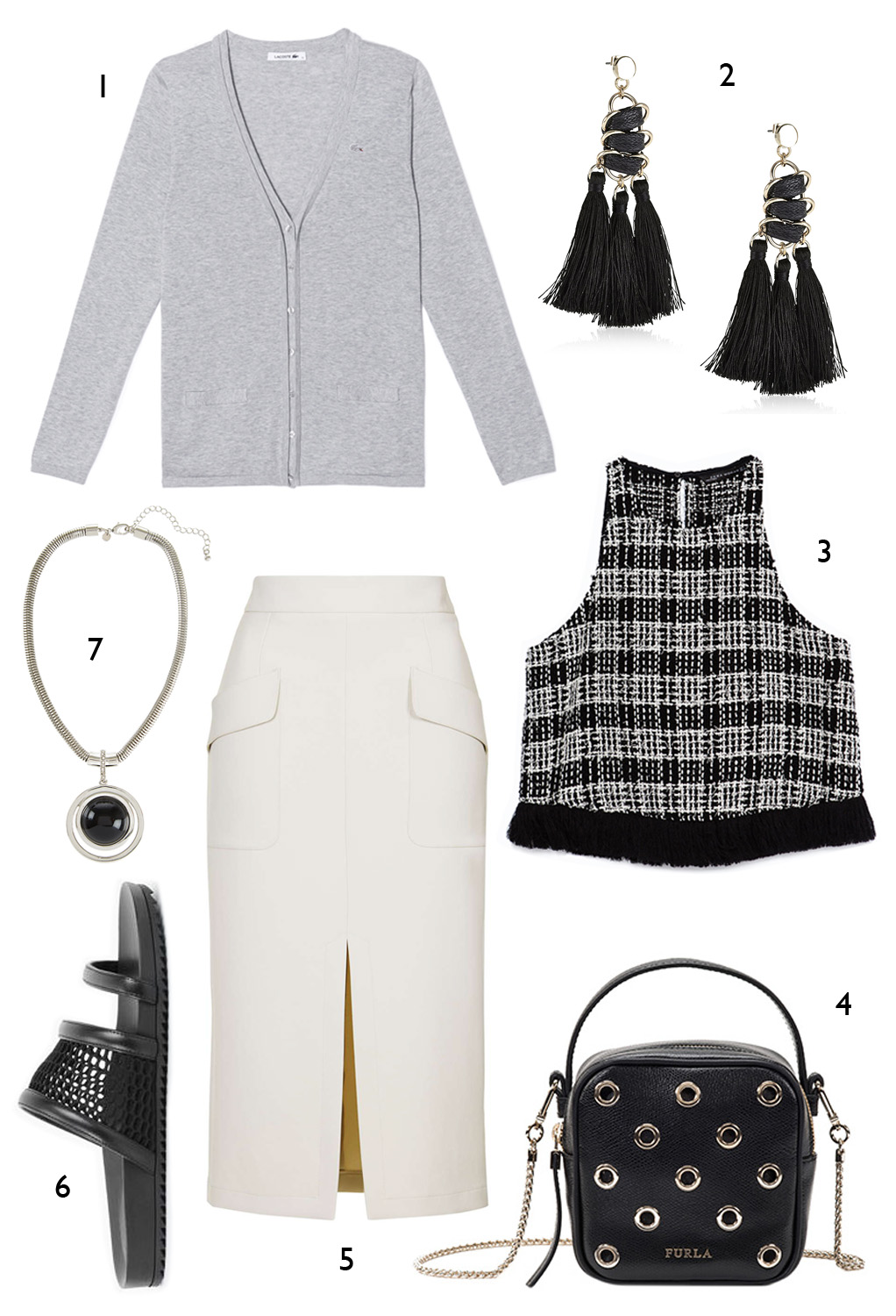 CÁCH PHỐI 6: 1. Cardigan Lacoste - 2. Hoa tai Marks & Spencer - 3. Áo Zara - 4. Túi Furla YO-YO - 5. Váy Topshop - 6. Dép Charles & Keith - 7. Vòng cổ Marks & Spencer