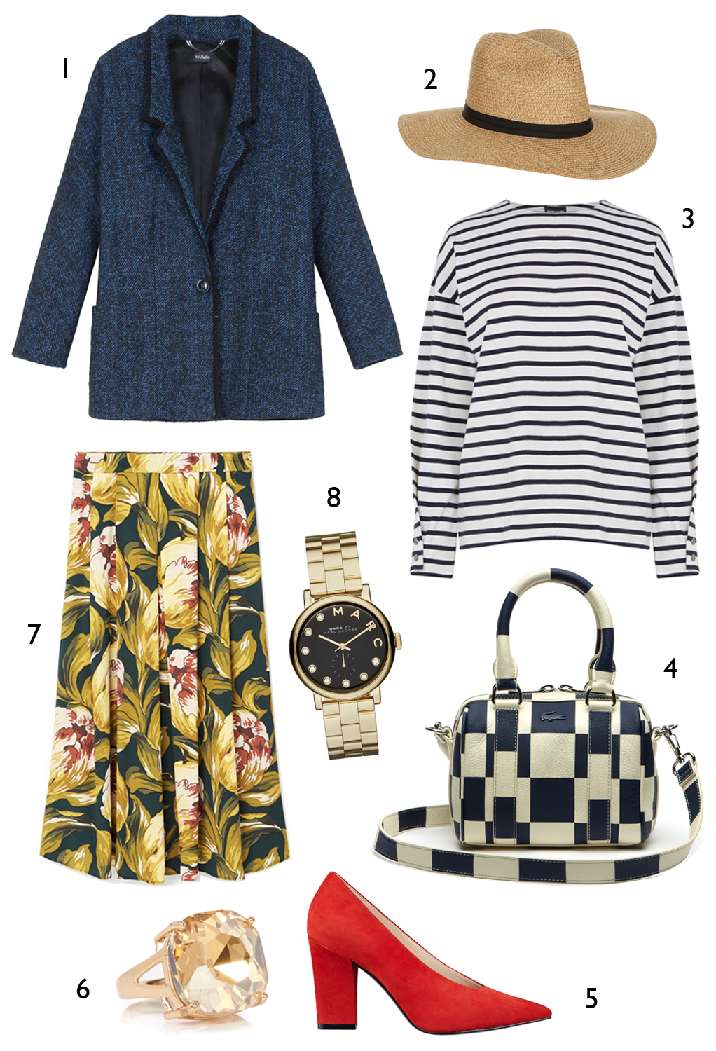 CÁCH PHỐI 1: 1. Blazer MAX & Co - 2. Nón Accessorize - 3. Áo thun Warehouse - 4. Túi Lacoste - 5. Giày Nine West - 6. Nhẫn Coast - 7. Váy Mango - 8. Đồng hồ Marc Jacobs