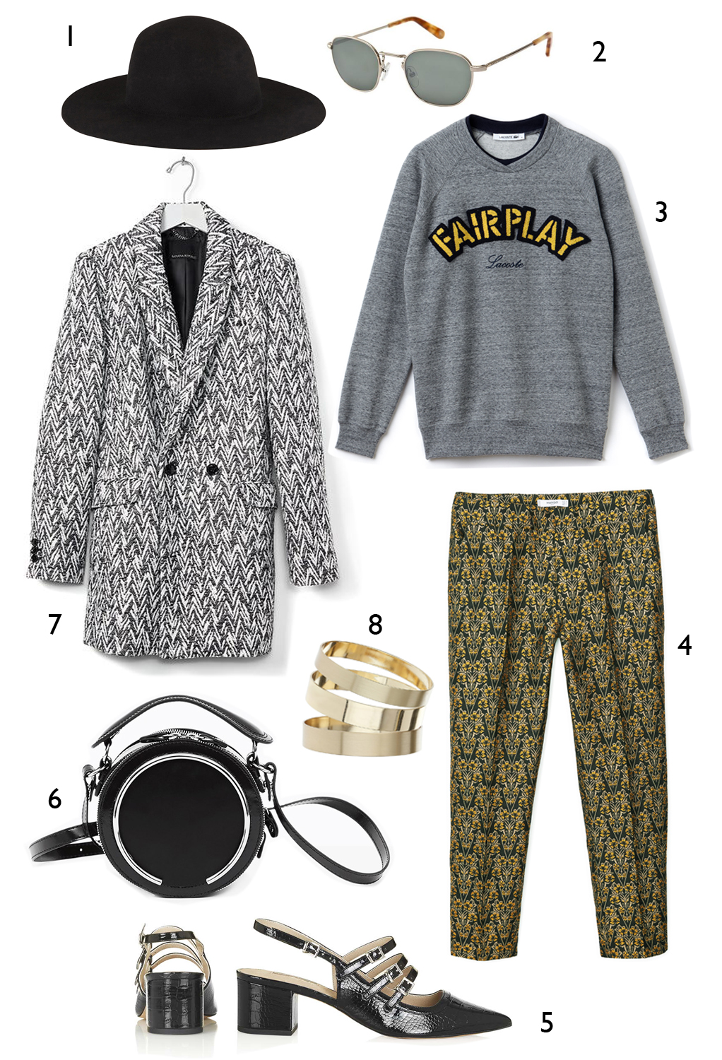 CÁCH PHỐI 2: 1. Nón Aldo - 2. Mắt kính Marc Jacobs - 3. Áo sweatshirt Lacoste - 4. Quần Mango - 5. Giày Topshop - 6. Túi Carven - 7. Áo khoác Banana Republic - 8. Nhẫn Miss Selfridge