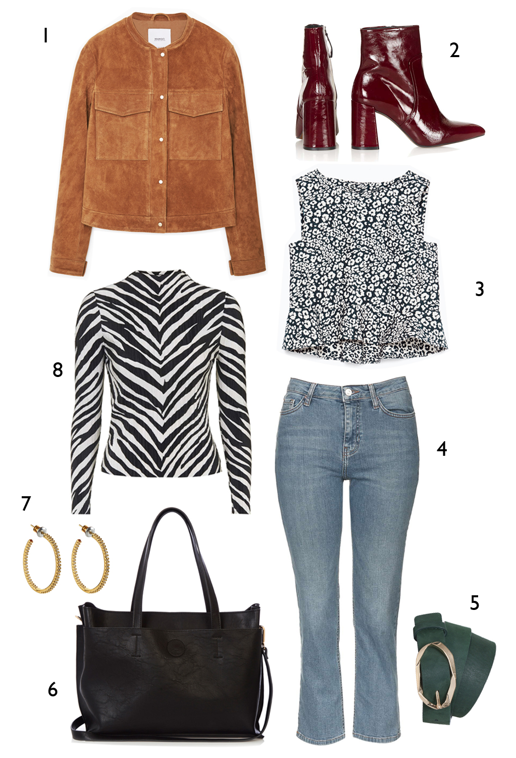 CÁCH PHỐI 3: 1. Áo khoác Mango - 2. Giày Topshop - 3. Áo peplum Zara - 4. Quần Topshop - 5. Thắt lưng MAX & Co - 6. Túi Oasis - 7. Hoa tai Accessorize - 8. Áo Topshop
