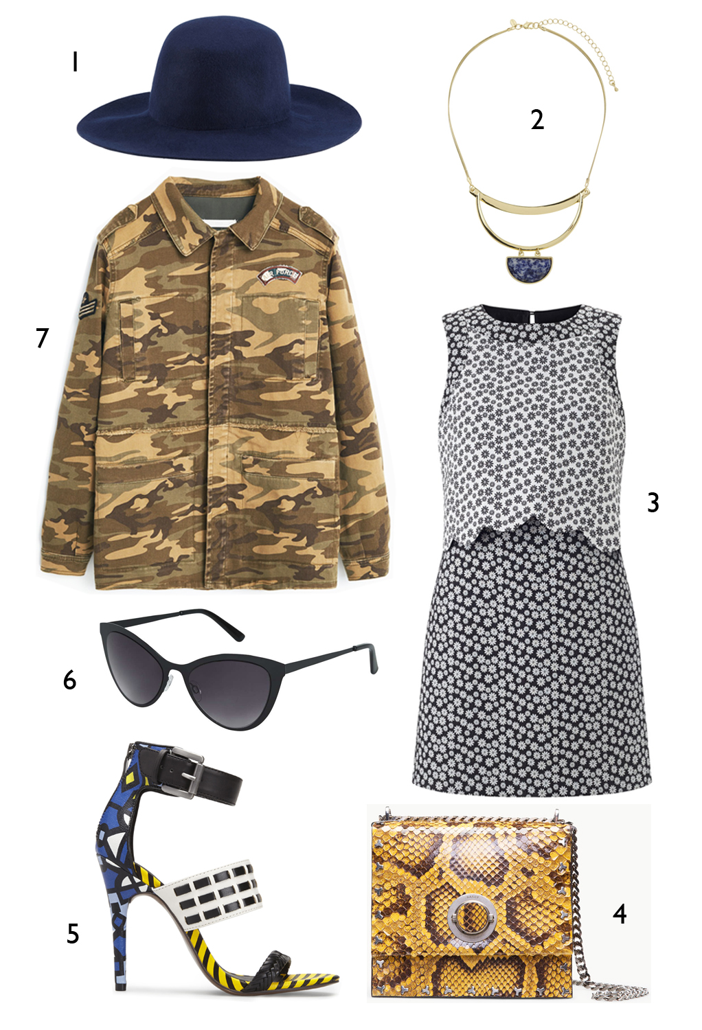 CÁCH PHỐI 4: 1. Nón Aldo - 2,3. Vòng cổ và đầm Miss Selfridge - 4. Túi Bally - 5. Giày Charles & Keith - 6. Mắt kính topshop - 7. Áo khoác Mango