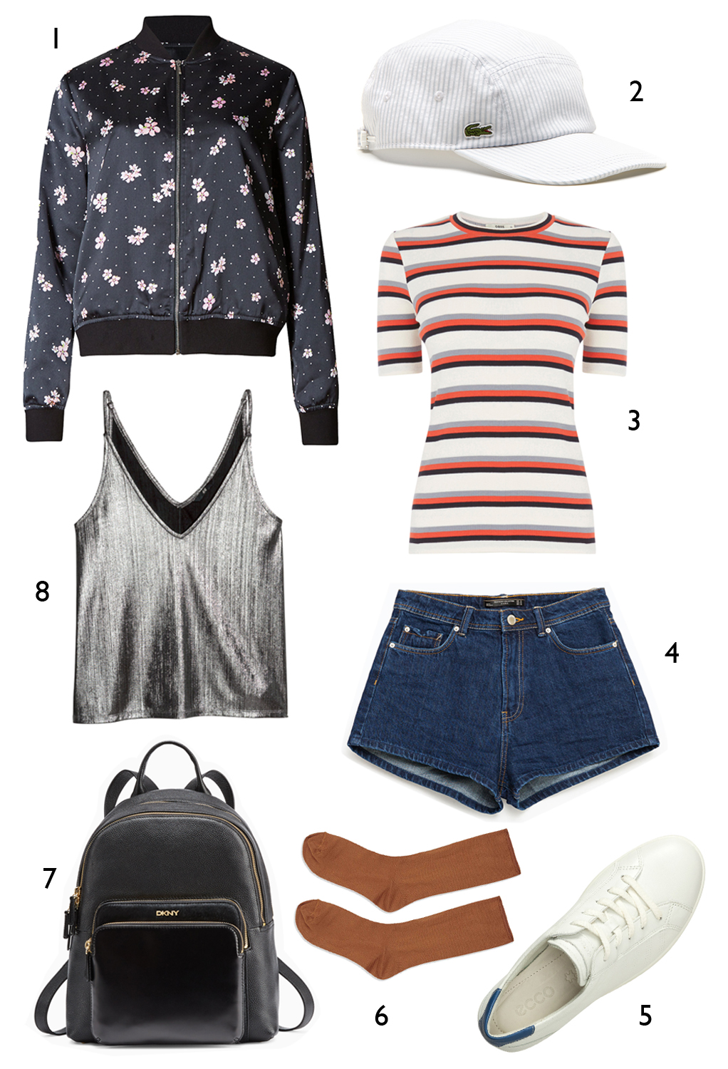 CÁCH PHỐI 6: 1. Áo khoác Marks & Spencer - 2. Nón Lacoste - 3. Áo Oasis - 4. Quần shorts Zara - 5. Giày Ecco - 6. Vớ Topshop - 7. Ba lô DKNY - 8. Áo H&M