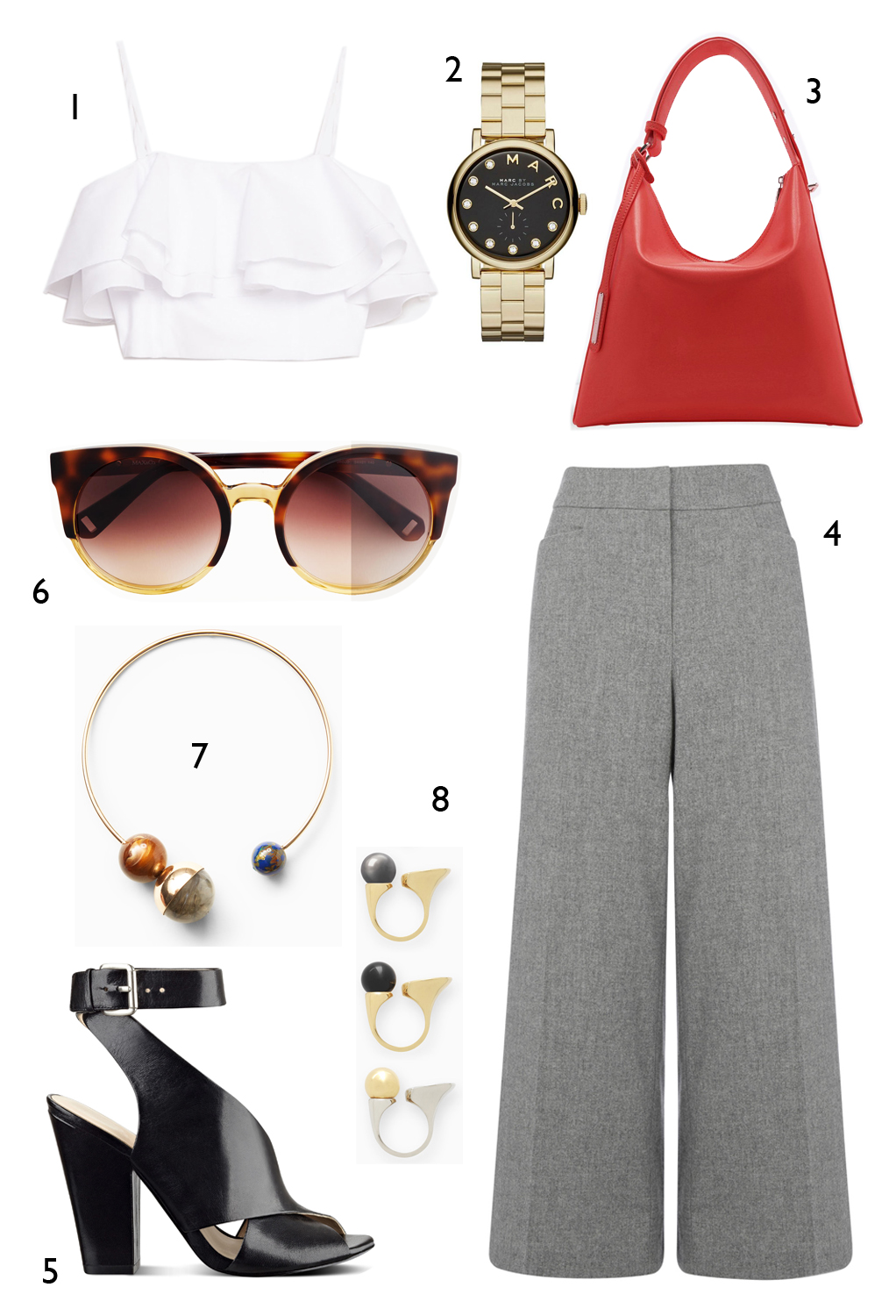 CÁCH PHỐI 1: 1. Áo Zara - 2. Đồng hồ Marc Jacobs - 3. Túi Pedro - 4. Quần Warehouse - 5. Giày Nine West - 6. Mắt kính MAX & Co - 7. Vòng cổ Mango - 8. Set nhẫn Chloé