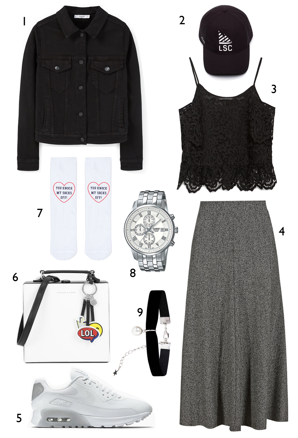 CÁCH PHỐI 2: 1. Áo khoác denim Mango - 2. Nón Lacoste - 3. Áo Zara - 4. Váy Marks & Spencer - 5. Giày Nike - 6. Túi Charles & Keith - 7. Với Topshop - 8. Đồng hồ Casio - 9. Vòng choker Accessorize