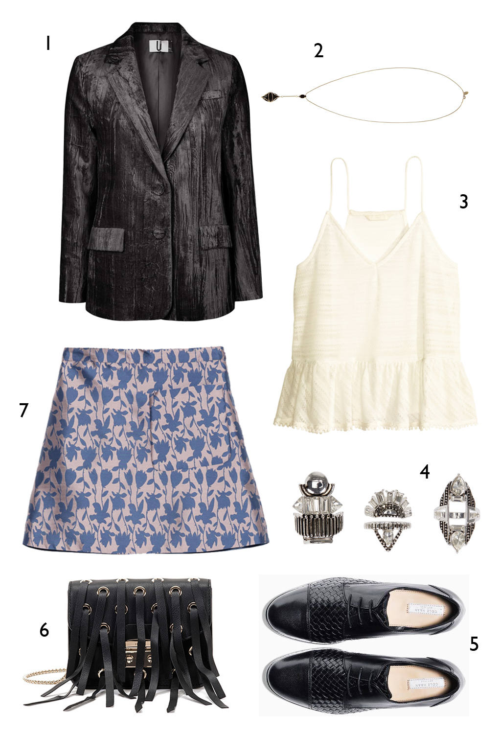 CÁCH PHỐI 3: 1. Áo blazer Topshop - 2. Dây chuyền Coast - 3. Áo H&M - 4. Set nhẫn Aldo - 5. Giày Cole Hann - 6. Túi Furla - 7. Váy MAX & Co