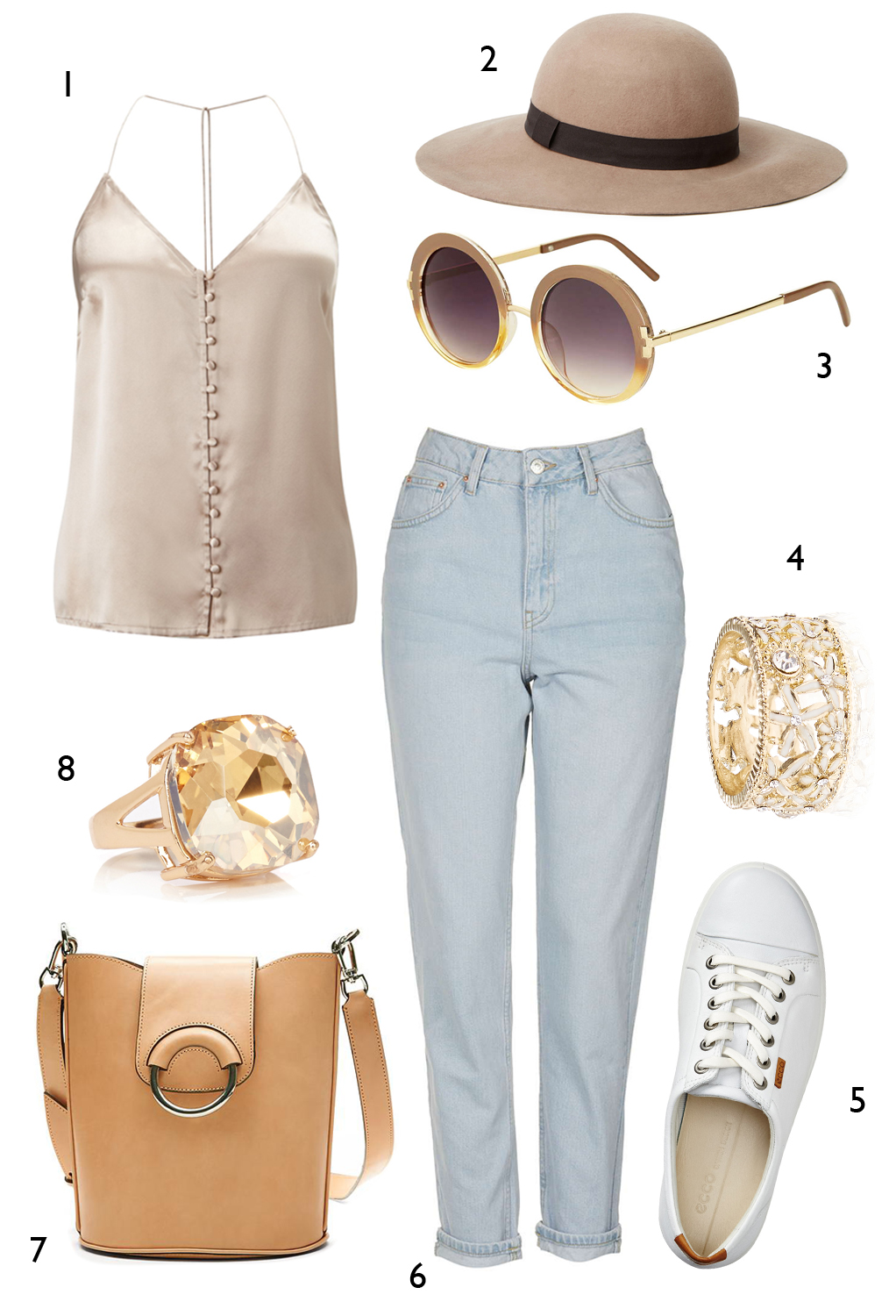 CÁCH PHỐI 6: 1. Áo Miss Selfridge - 2. Nón Warehouse - 3. Mắt kính Topshop - 4. Nhẫn Accessorize - 5. Giày Ecco - 6. Quần jeans Topshop - 7. Túi Banana Republic - 8. Nhẫn Coast