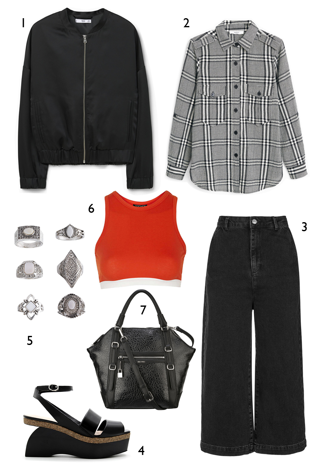 THỨ NĂM: 1 áo khoác satin Mango, 2 áo sơ mi Mango, 3 quần Topshop, 4 giày Pedro, 5 set nhẫn Topshop, 6 bralet Topshop, 7 túi Nine West