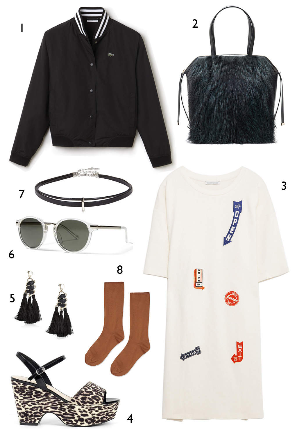 THỨ SÁU: 1 áo khoác Lacoste, 2 túi Furla, 3 đầm Zara, 4 wedge sandals Charles & Keith, 5 hoa tai Marks & Spencer, 6 mắt kính Banana Republic, 7 vòng cổ Aldo, 8 vớ Topshop