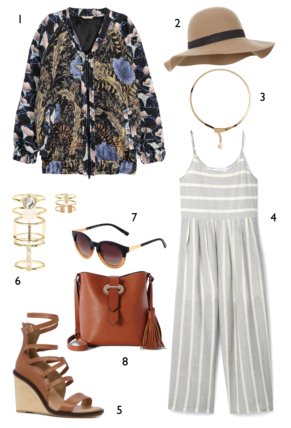 THỨ BẢY: 1 áo khoác H&M, 2 nón Accessorize, 3 vòng cổ Marks & Spencer, 4 jumpsuit Mango, 5 giày Aldo, 6 set nhẫn Accessorize, 7 mắt kính Accessorize, 8 túi Karen Millen