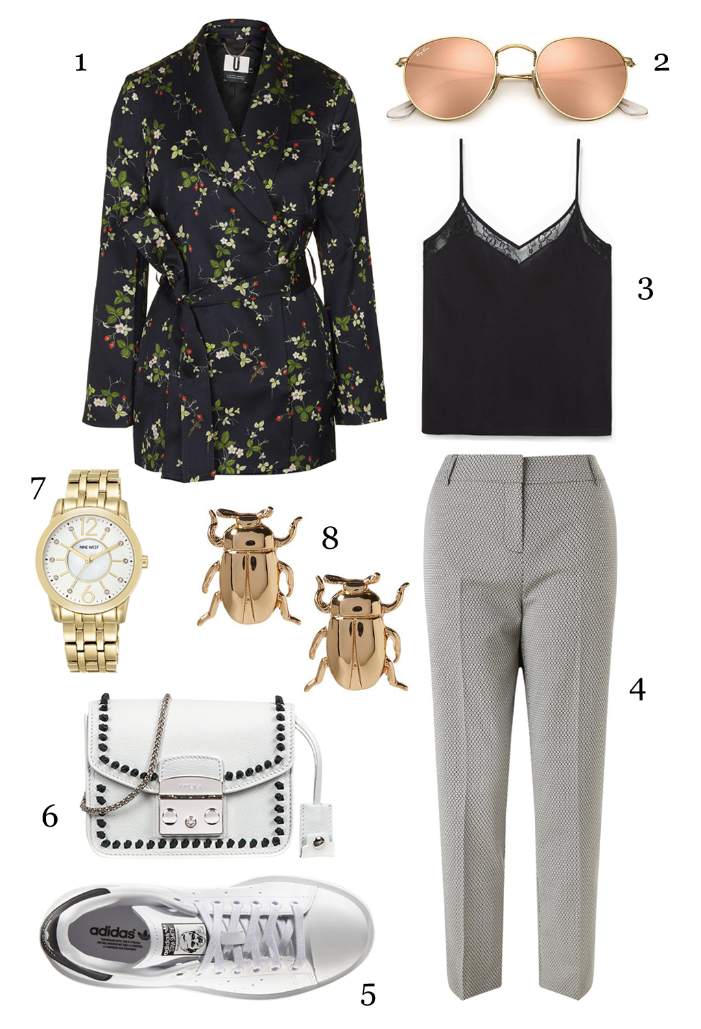 THỨ TƯ: 1 áo khoác Topshop, 2 mắt kính Rayban, 3 áo hai dây Mango, 4 quần Miss Selfridge, 5 giày Adidas, 6 túi Furla, 7 đồng hồ Nine West, 8 hoa tai Banana Republic