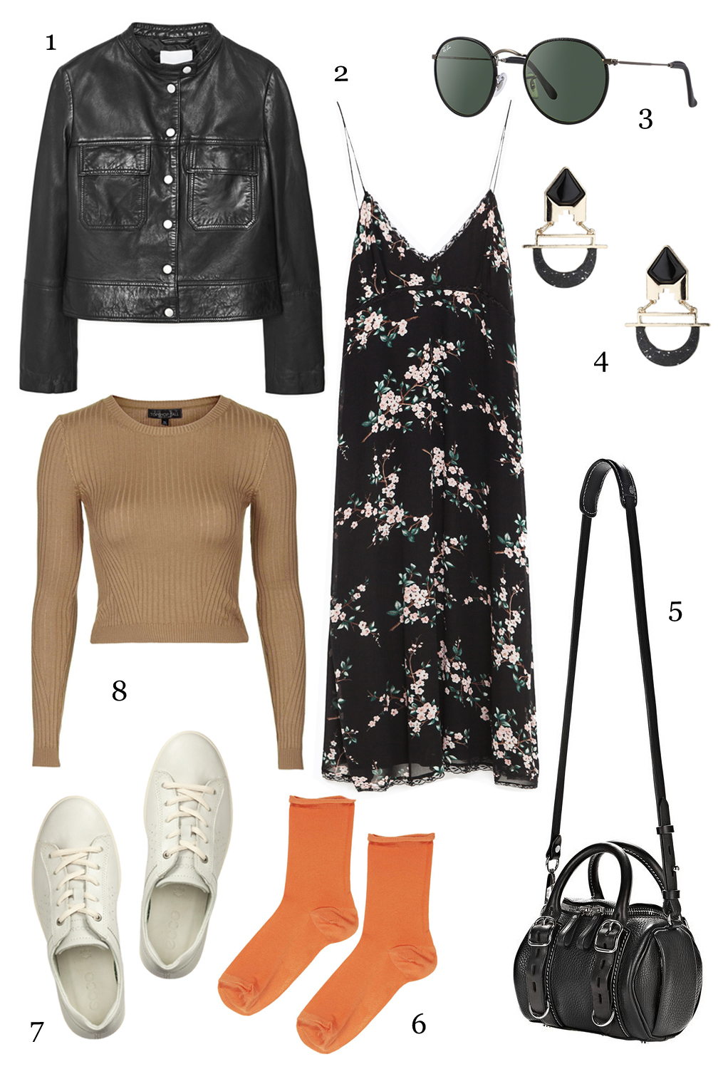 THỨ SÁU: 1 áo khoác Mango, 2 đầm Zara, 3 mắt kính Rayban, 4 hoa tai Topshop, 5 túi Alexander Wang, 6 vớ Topshop, 7 giày Ecco, 8 áo Topshop