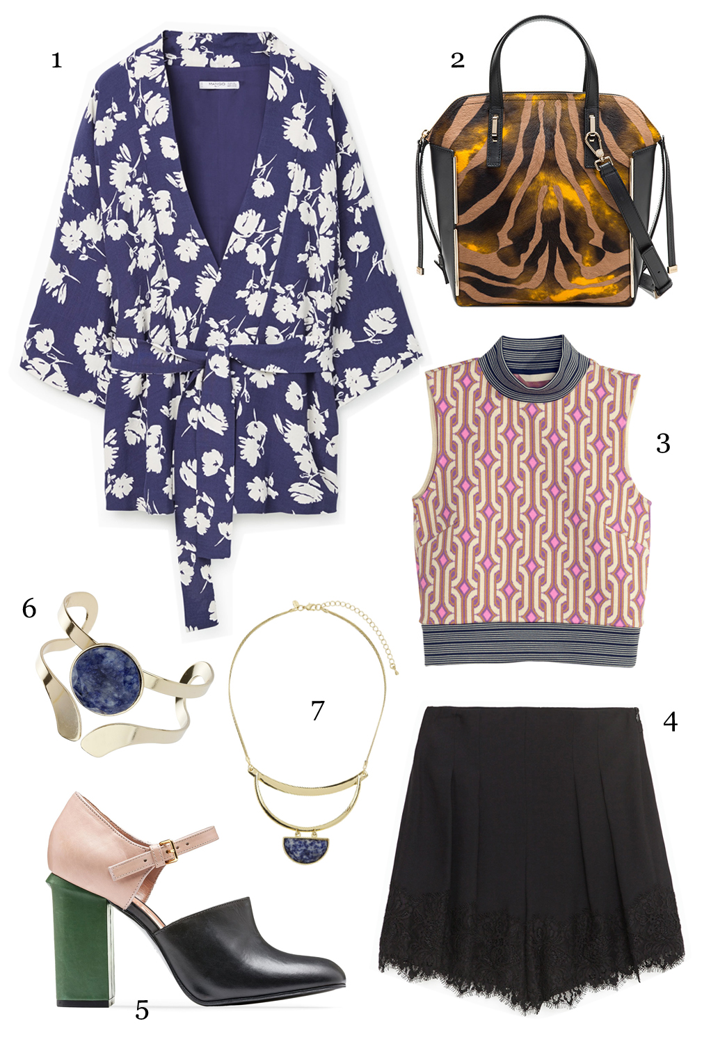 THỨ BẢY: 1 áo khoác Mango, 2 túi Furla, 3 áo H&M, 4 quần shorts, 5 giày Marni, 6 vòng tay Miss Selfridge, 7 vòng cổ Miss Selfridge