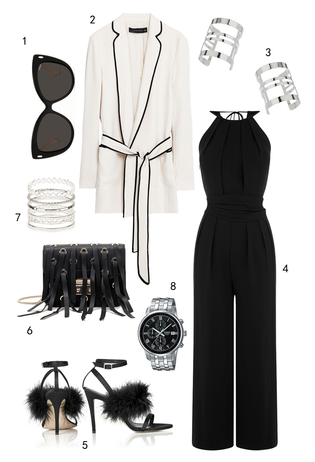 THỨ NĂM: 1 mắt kính Bally, 2 áo blazer Zara, 3 cặp vòng tay Topshop, 4 jumpsuit Warehouse, 5 giày Topshop, 6 túi Furla, 7 set nhẫn Accessorize, 8 đồng hồ Casio