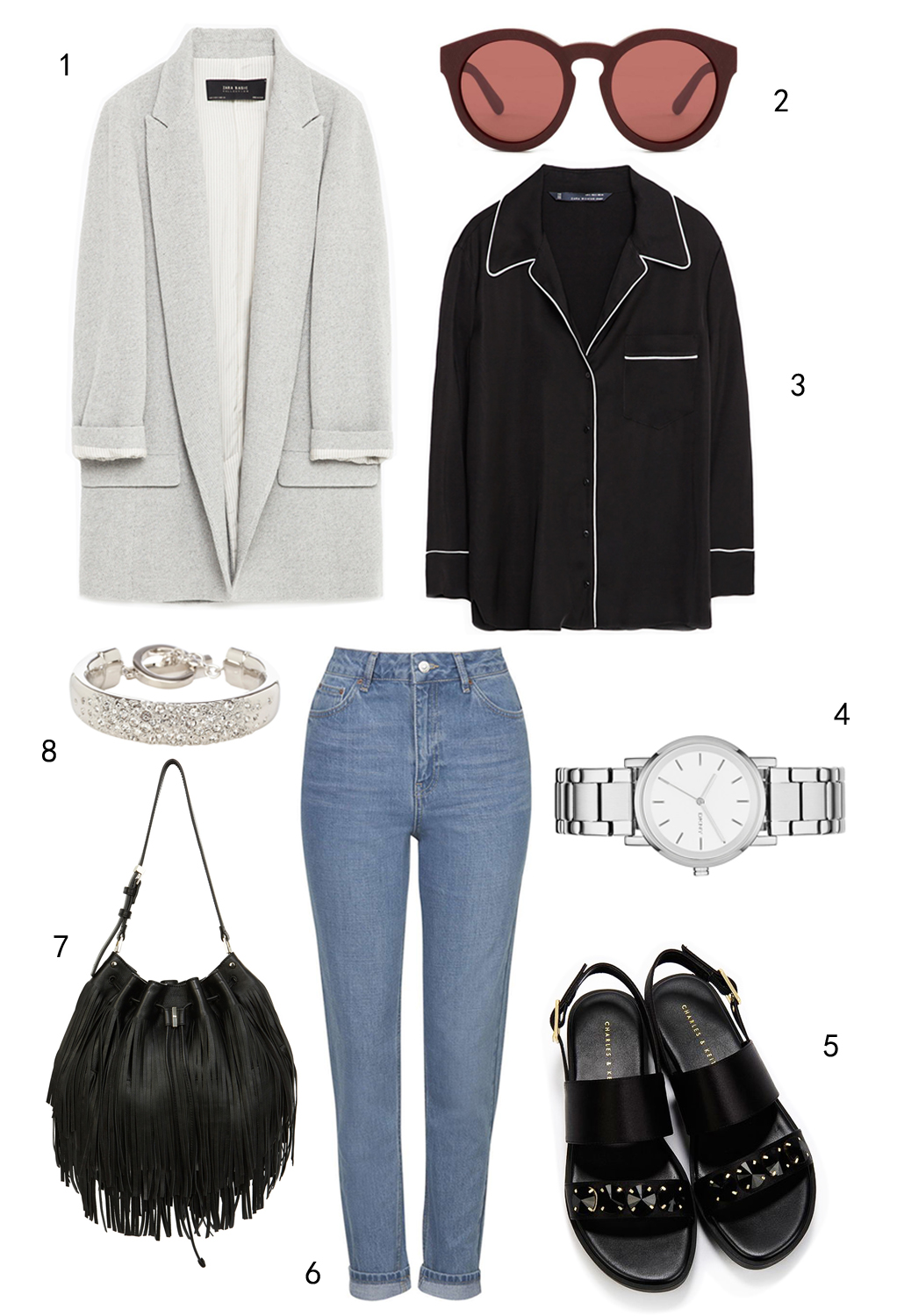 THỨ BẢY: 1 áo blazer Mango, 2 mắt kính Marc Jacobs, 3 áo Zara, 4 đồng hồ DKNY, 5 sandals Charles & Keith, 6 quần jeans Topshop, 7 túi Karen Millen, 8 vòng tay Karen Millen