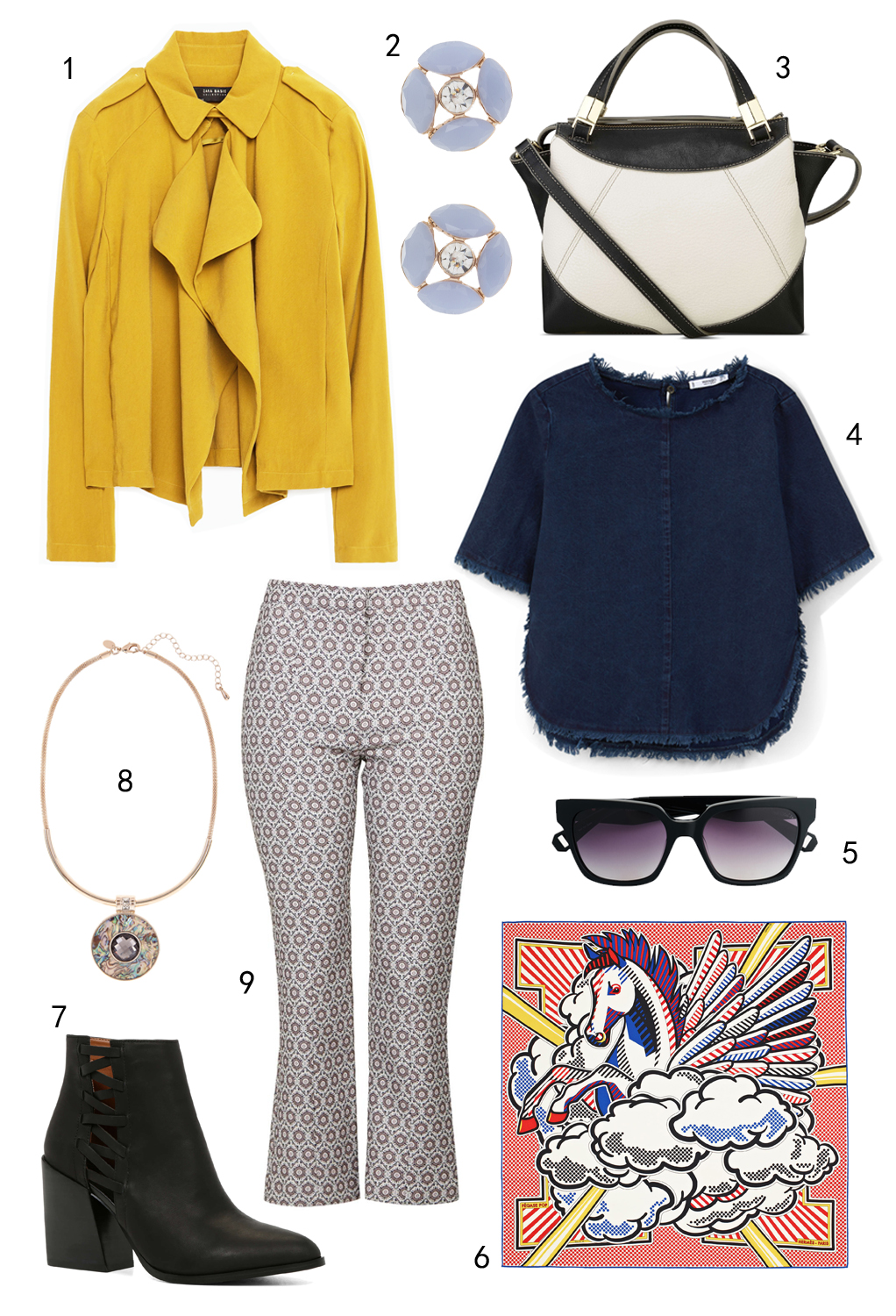 THỨ HAI: 1 áo khoác Zara, 2 hoa tai Accessorize, 3 túi Nine West, 4 áo Mango, 5 mắt kinh MAX & Co, 6 khăn Pégase Pop Hermès, 7 boots Aldo, 8 vòng cổ Marks & Spencer, 9 quần Topshop