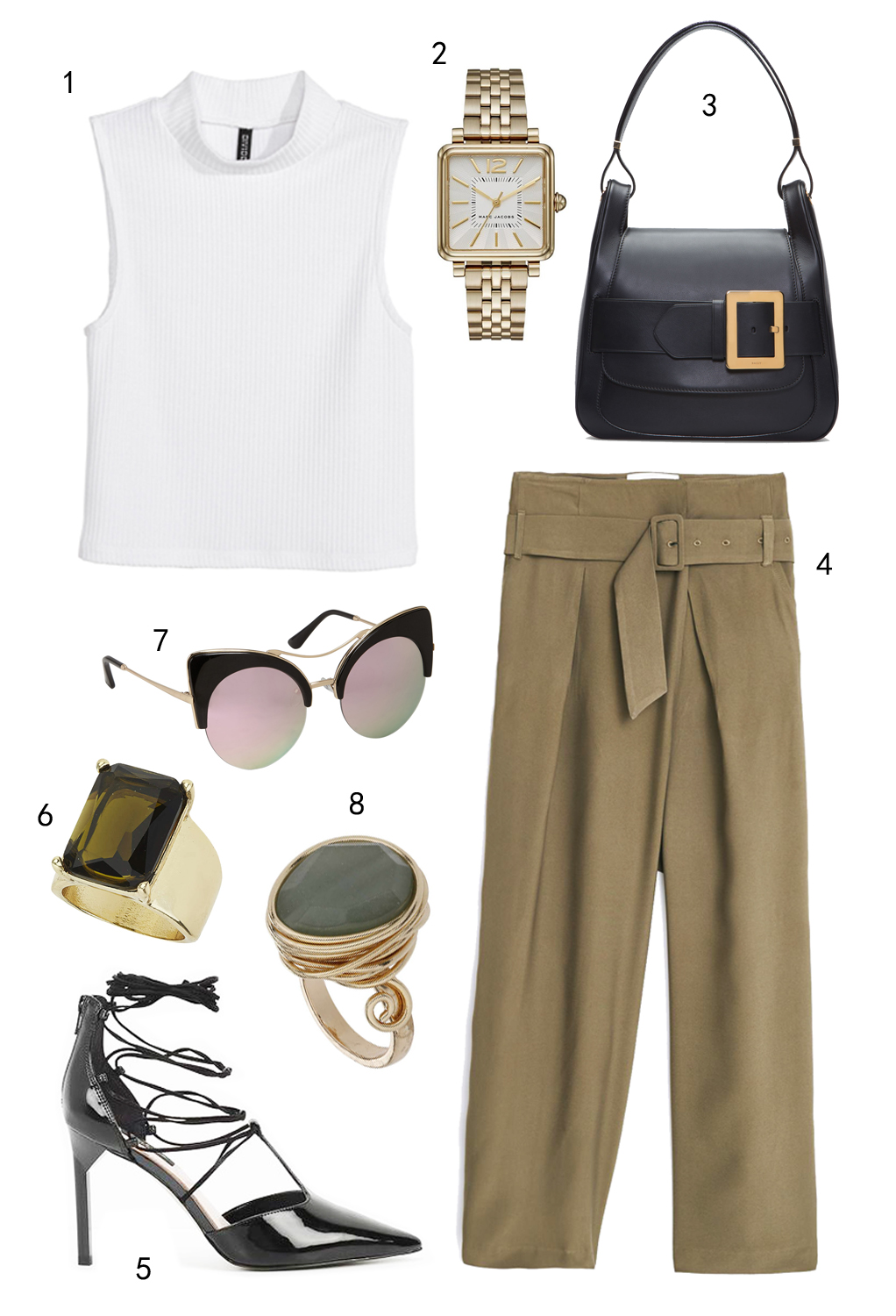 THỨ BA: 1 áo H&M, 2 đồng hồ Marc Jacobs, 3 túi Bally, 4 quần Mango, 5 giày Charles & Keith, 6 nhẫn Topshop, 7 mắt kính Aldo, 8 nhẫn Topshop