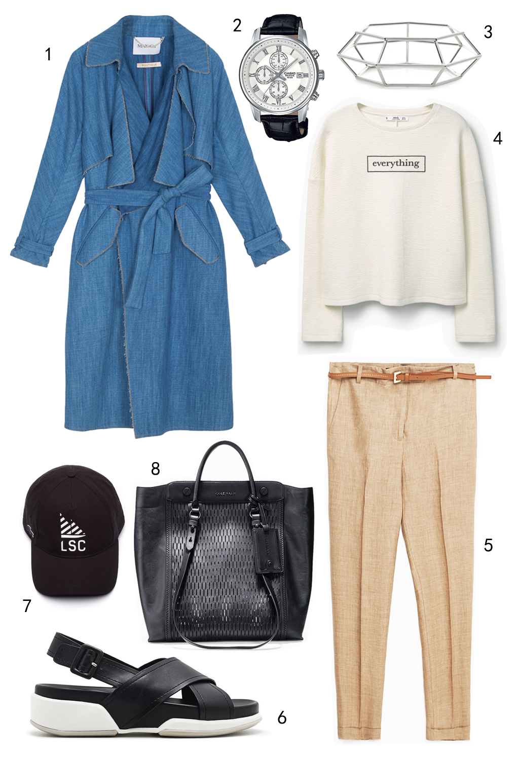 THỨ TƯ: 1 áo khoác MAX & Co, 2 đồng hồ Casio, 3 vòng tay Karen Millen, 4 áo Mango, 5 quần Zara, 6 sandals Pedro, 7 nón Lacoste, 8 túi Cole Haan
