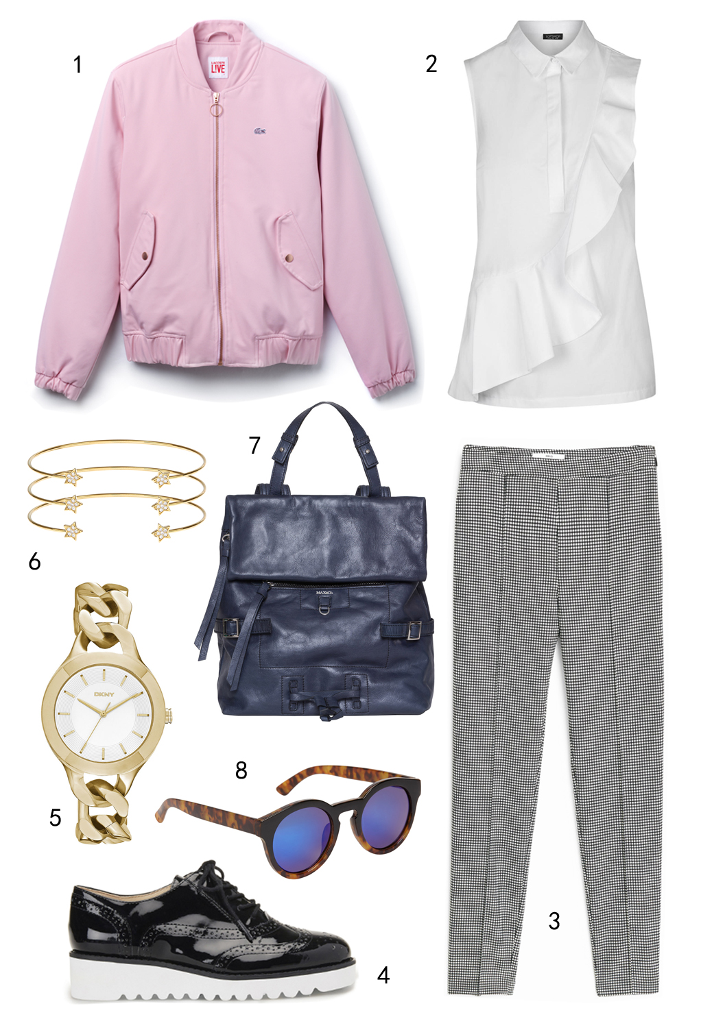 THỨ SÁU: 1 áo khoác Lacoste, 2 áo Topshop, 3 quần Mango, 4 giày Nine West, 5 đồng hồ DKNY, 6 vòng tay Accessorize, 7 túi MAX & Co, 8 mắt kính Aldo