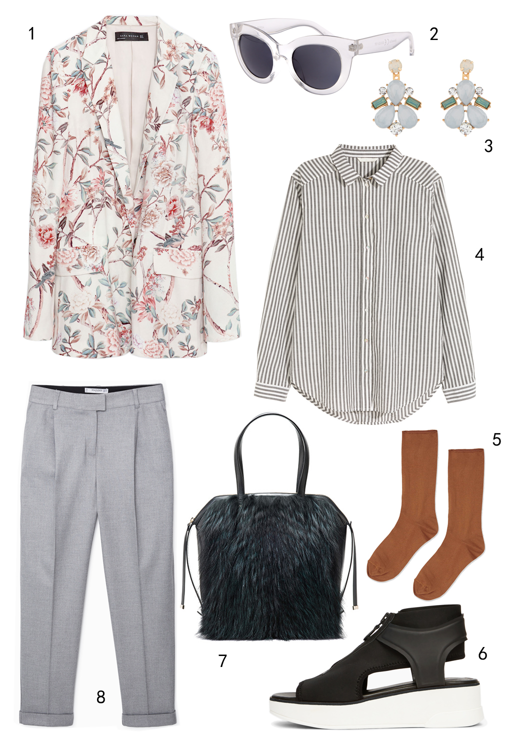 THỨ BẢY: 1 áo khoác Zara, 2 mắt kính Accessorize, 3 hoa tai Accessorize, 4 áo sơ mi H&M, 5 vớ Topshop, 6 sandals DKNY, 7 túi Furla, 8 quần Mango