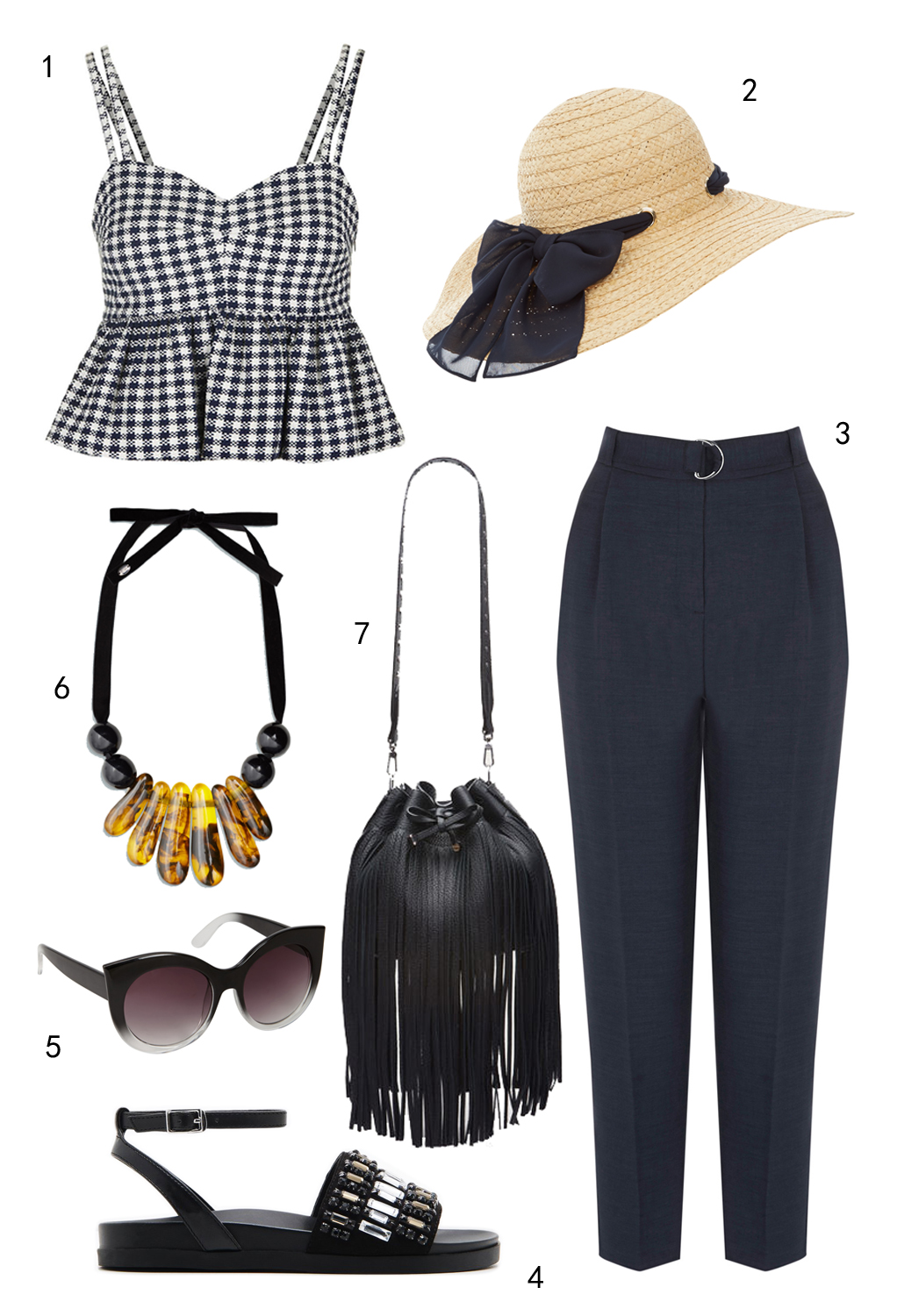 CHỦ NHẬT: 1 áo Topshop, 2 nón Accessorize, 3 quần Warehouse, 4 sandals Pedro, 5 mắt kính Aldo, 6 vòng cổ Mango, 7 túi Bally