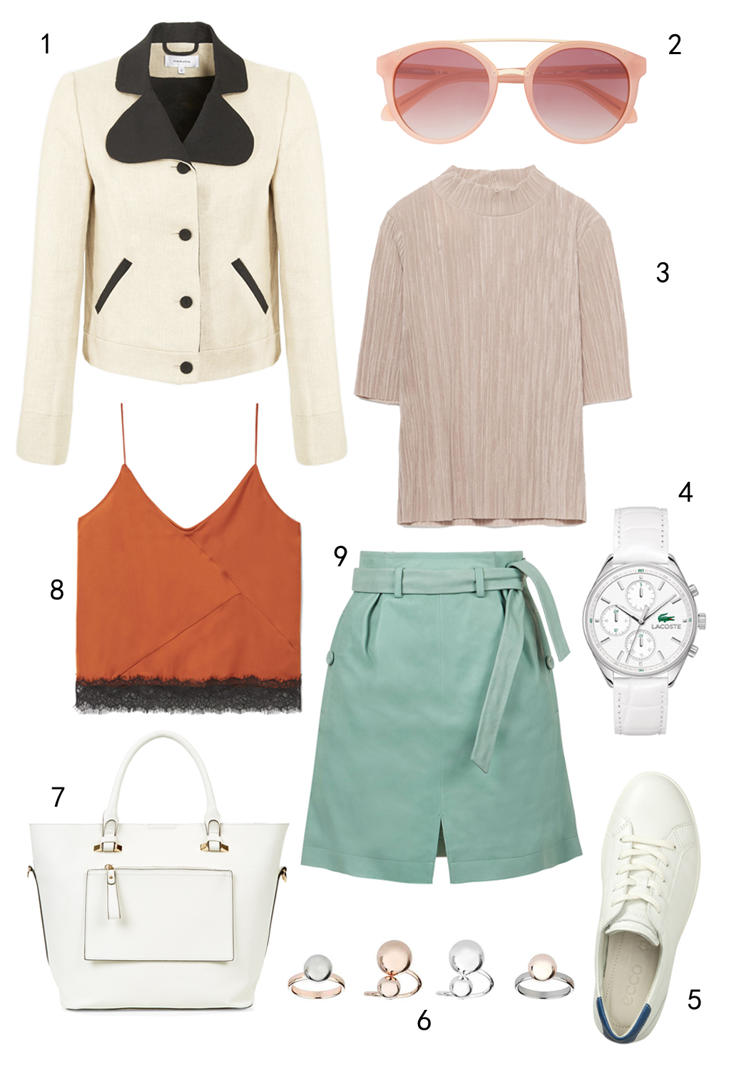THỨ BA: 1 áo khoác Carven, 2 mắt kính MAX & Co, 3 áo Zara, 4 đồng hồ Lacoste, 5 giày Ecco, 6 set nhẫn Topshop, 7 túi Accessorize, 8 áo Mango, 9 váy Topshop