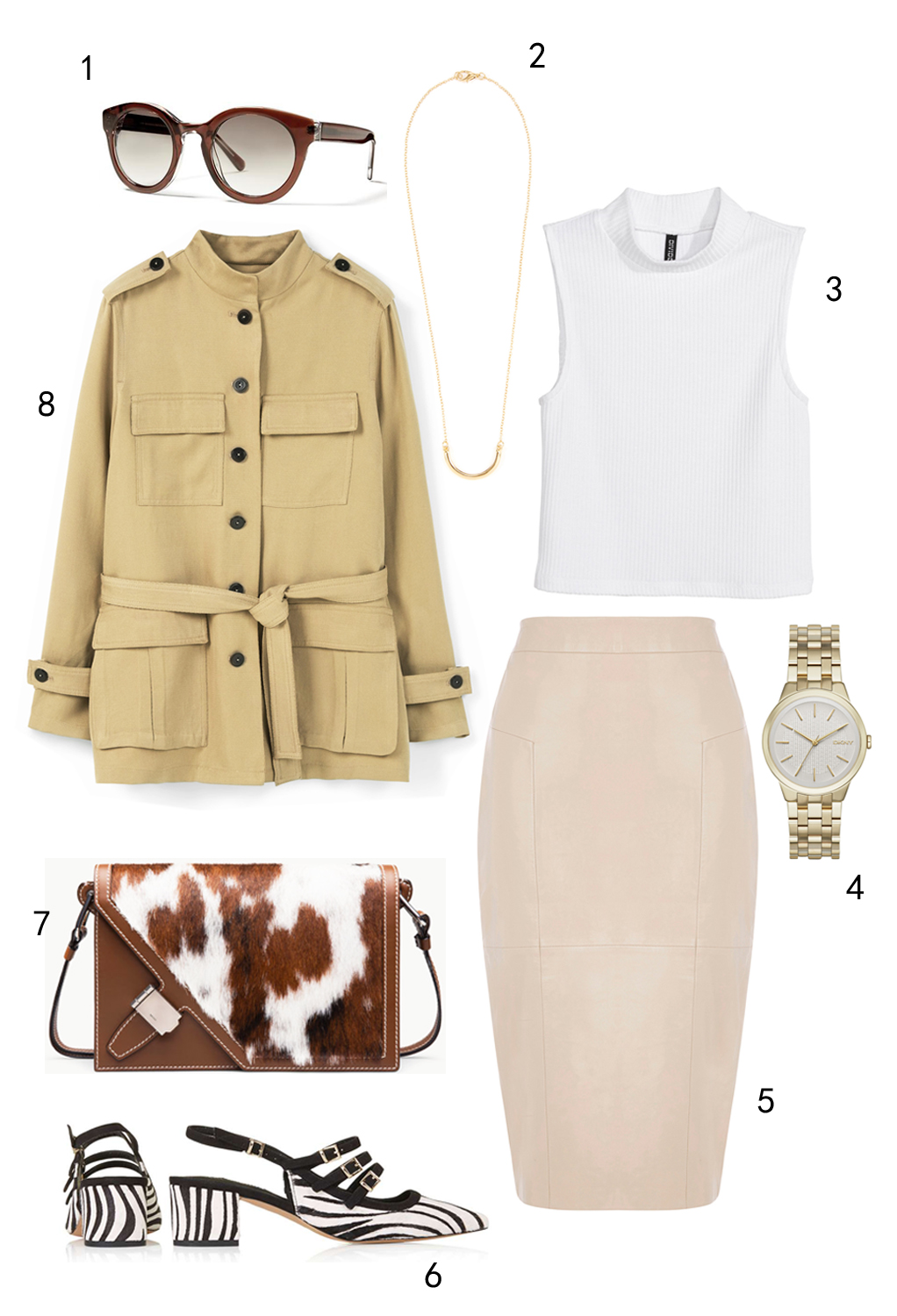 THỨ TƯ: 1 mắt kính Banana Republic, 2 dây chuyền Warehouse, 3 áo H&M, 4 đồng hồ DKNY, 5 váy Oasis, 6 giày Topshop, 7 túi Bally, 8 áo khoác Mango