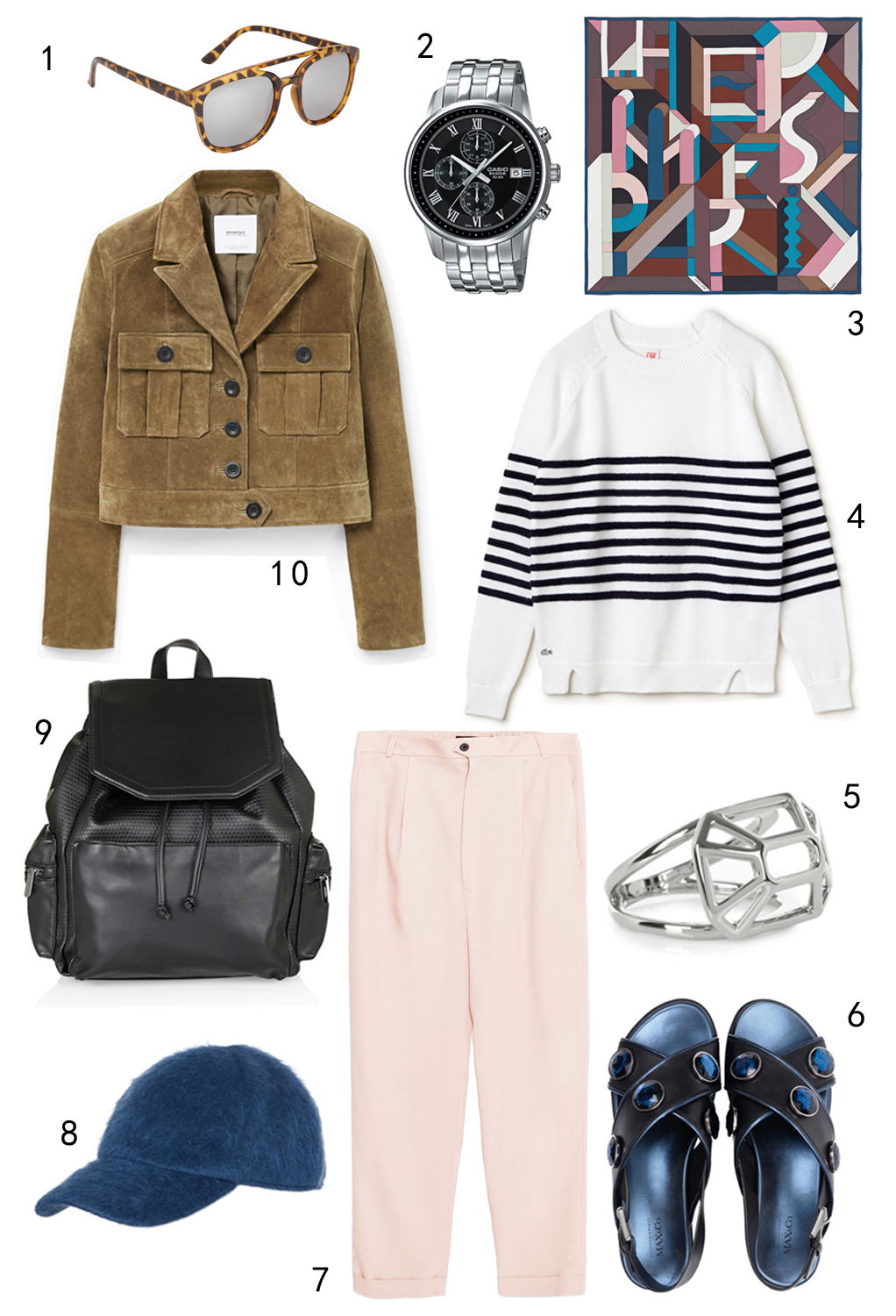 THỨ NĂM: 1 mắt kính Aldo, 2 đồng hồ Casio, 3 khăn lụa Hèrmes, 4 áo Lacoste, 5 nhẫn Karen Millen, 6 giày MAX & Co, 7 quần tây Zara, 8 nón MAX & Co, 9 ba lô Topshop, 10 áo khoác Mango