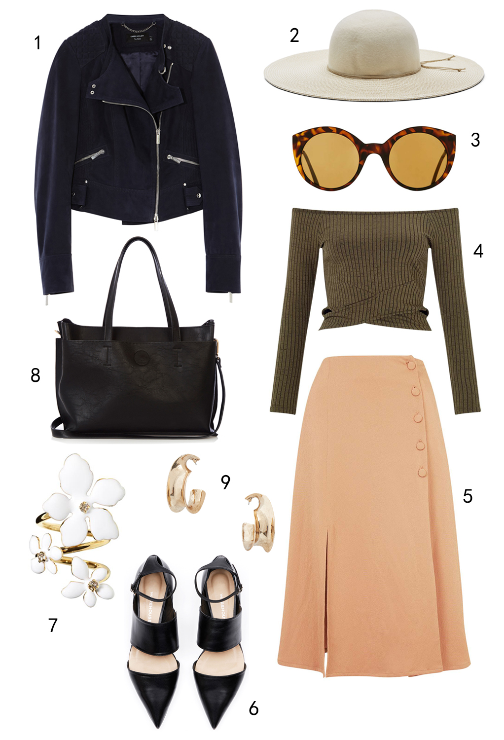THỨ SÁU: 1 áo khoác Karen Millen, 2 nón Nine West, 3 mắt kính Topshop, 4 áo Miss Selfridge, 5 váy Topshop, 6 giày Warehouse, 7 nhẫn Banana Republic, 8 túi Oasis, 9 hoa tai Mango