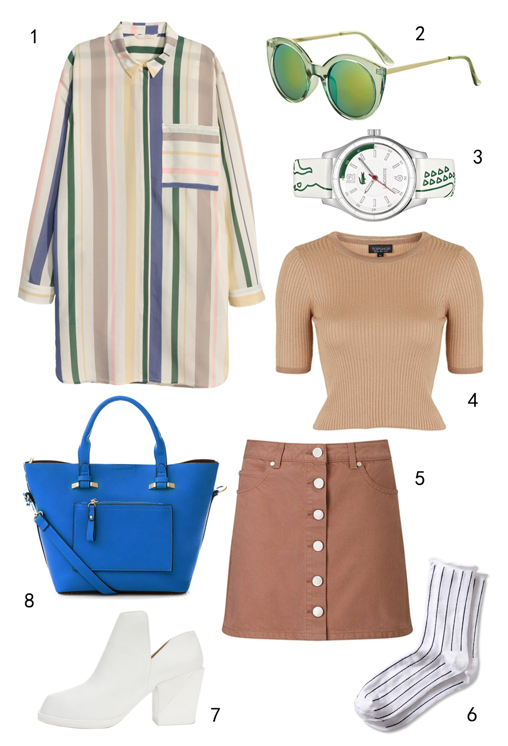 THỨ BẢY: 1 áo sơ mi H&M, 2 mắt kính Topshop, 3 đồng hồ Lacoste, 4 áo Topshop, 5 váy Miss Selfridge, 6 vớ Banana Republic, 7 giày DKNY, 8 túi Accessorize