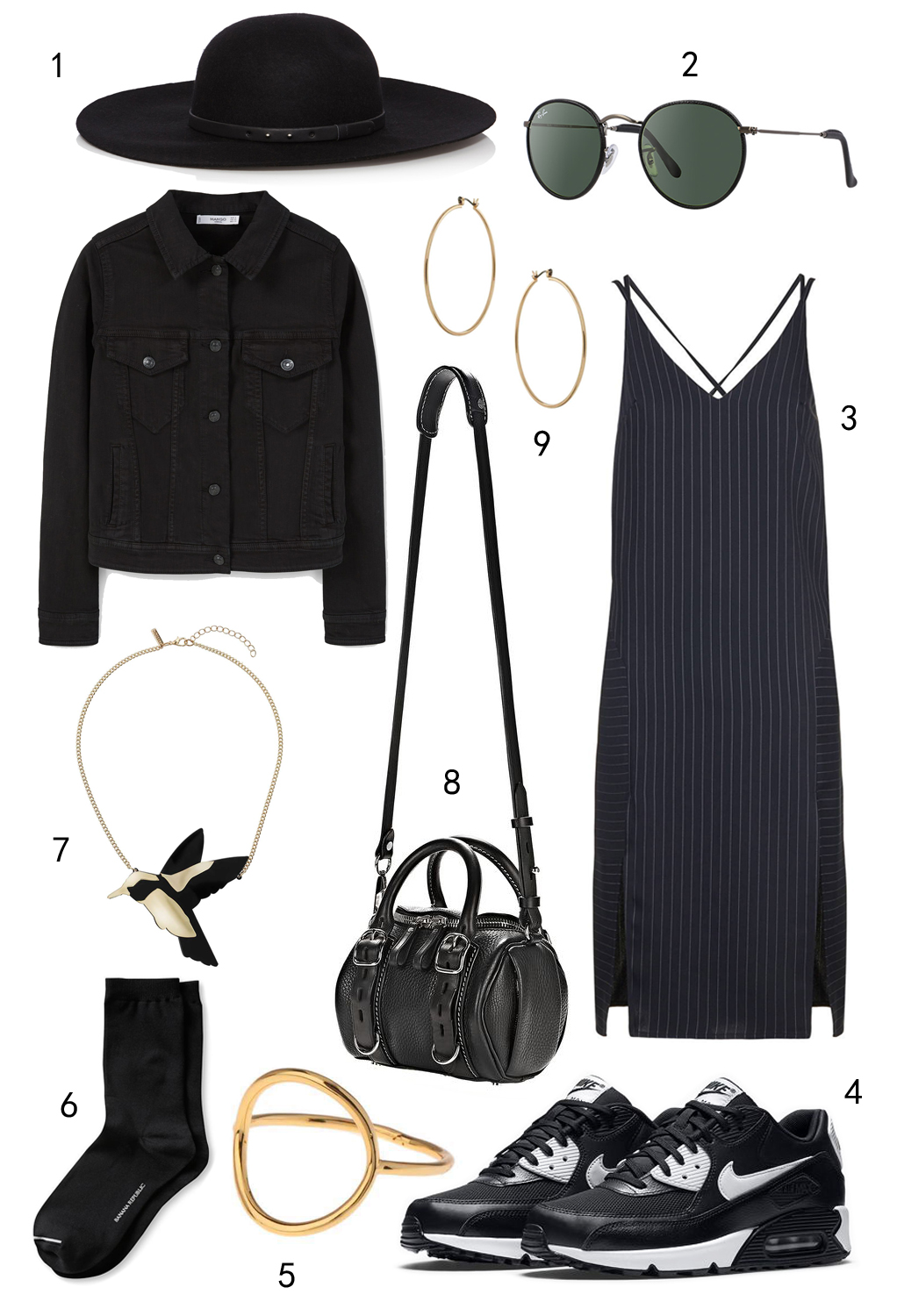 THỨ BA: 1 nón Karen Millen, 2 mắt kính Ray-ban, 3 đầm Topshop, 4 giày Nike, 5 nhẫn Topshop, 6 vớ Banana Republic, 7 dây chuyền Topshop, 8 túi Alexander Wang, 9 hoa tai Topshop