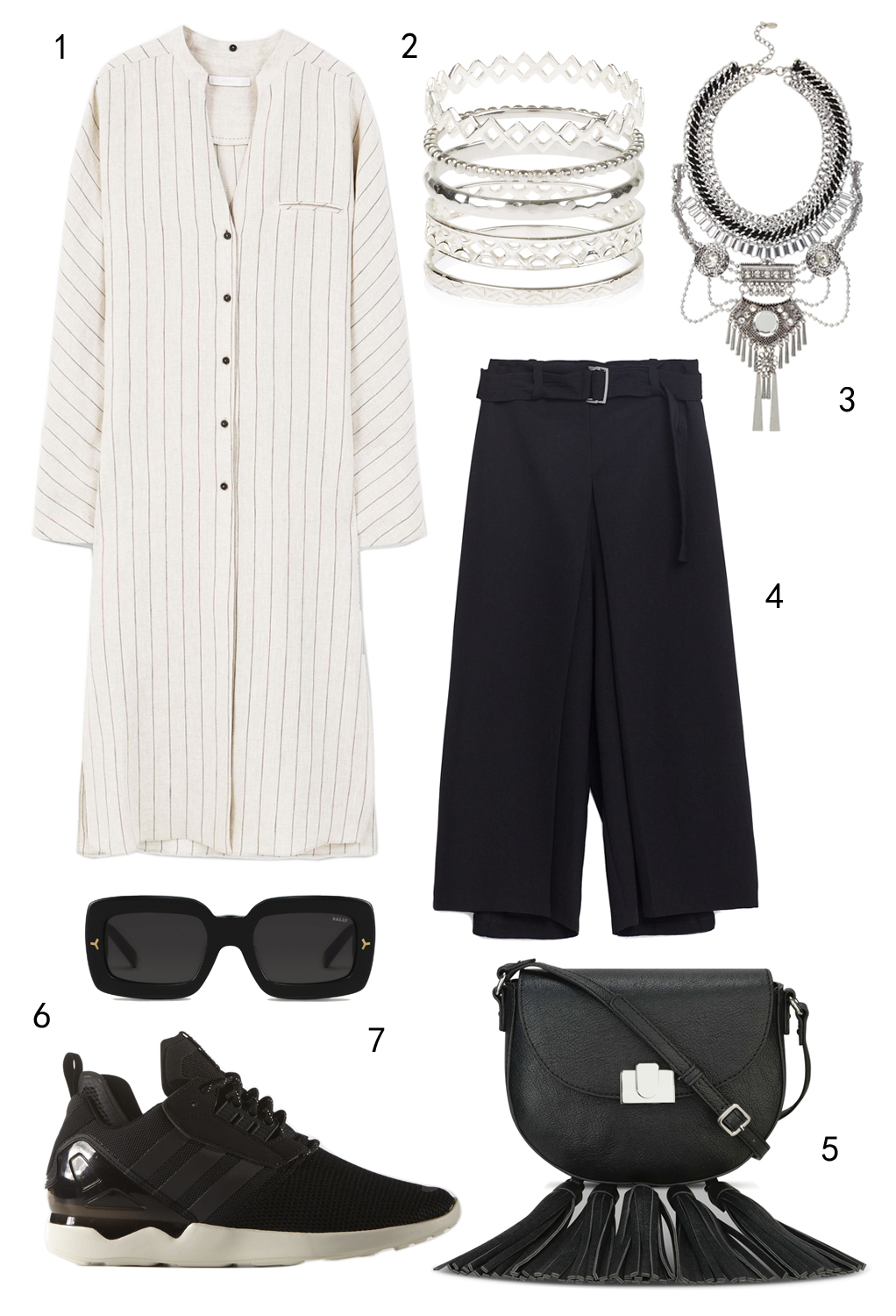 THỨ TƯ: 1 áo Mango, 2 set nhẫn Accessorize, 3 vòng cổ Aldo, 4 quần culottes Zara, 5 túi Nine West, 6 giày Adidas, 7 mắt kính Bally