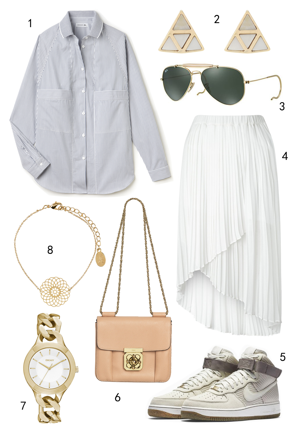 THỨ NĂM: 1 áo Lacoste, 2 hoa tai Oasis, 3 mắt kính Ray-ban, 4 váy Miss Selfridge, 5 giày Nike, 6 túi Chloé, 7 đồng hồ DKNY, 8 dây chuyền Accessorize