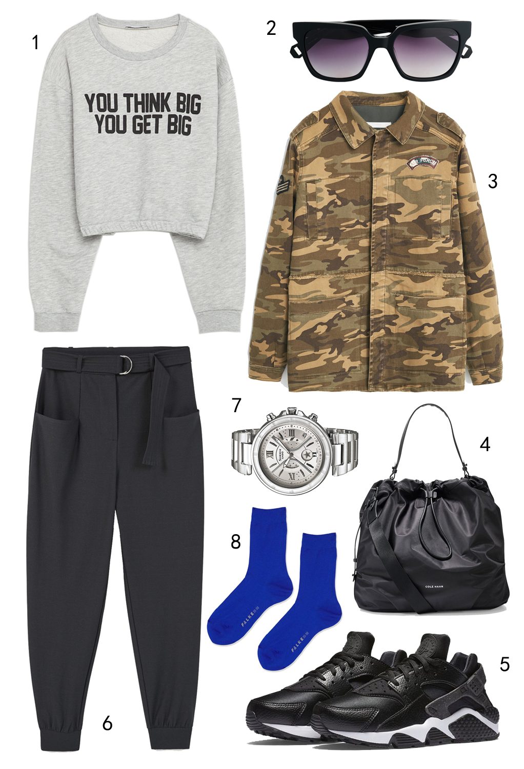 THỨ BẢY: 1 sweatshirt Zara, 2 mắt kính MAX & Co, 3 áo khoác Mango, 4 túi Cole Haan, 5 giày Nike, 6 quần Mango, 7 đồng hồ Casio, 8 vớ Topshop